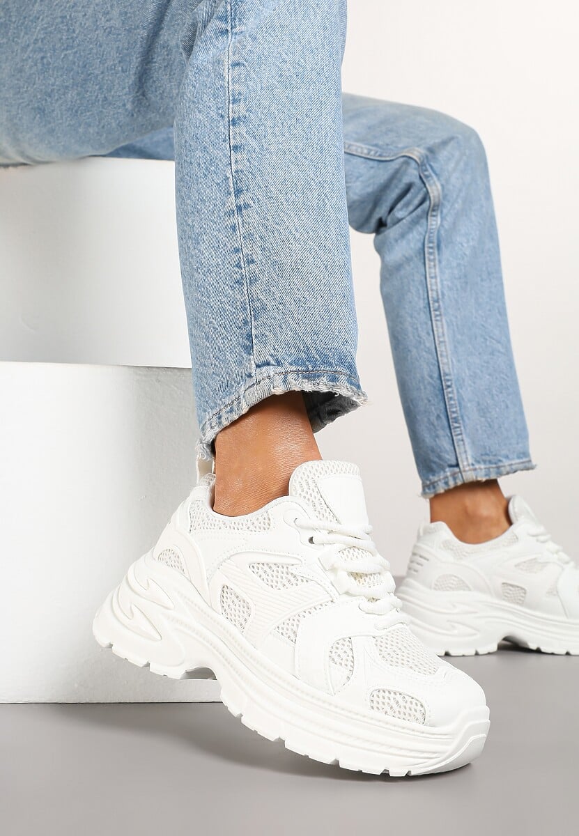 Jasnobeżowe Sneakersy na Platformie z Tłoczeniem i Geometrycznym Wzorem Melvila
