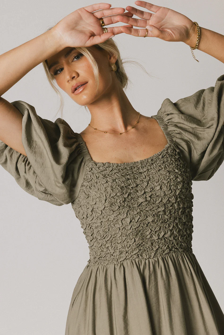 Janie Smocked Midi Dress in Olive