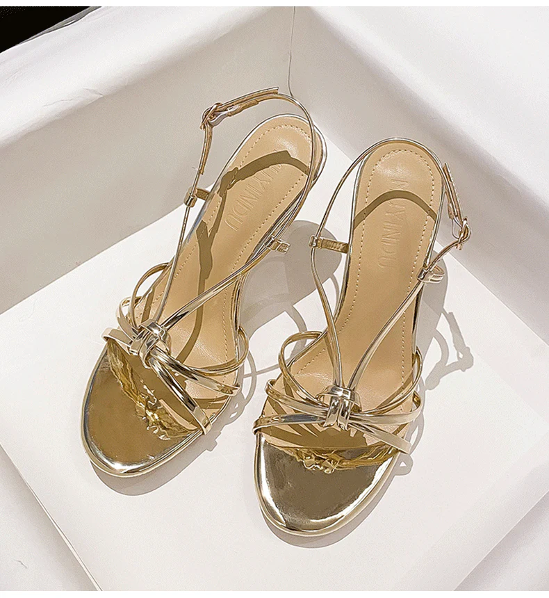 Gold Faux Leather Ankle Strap Round Stiletto heel Sandals 795355491225