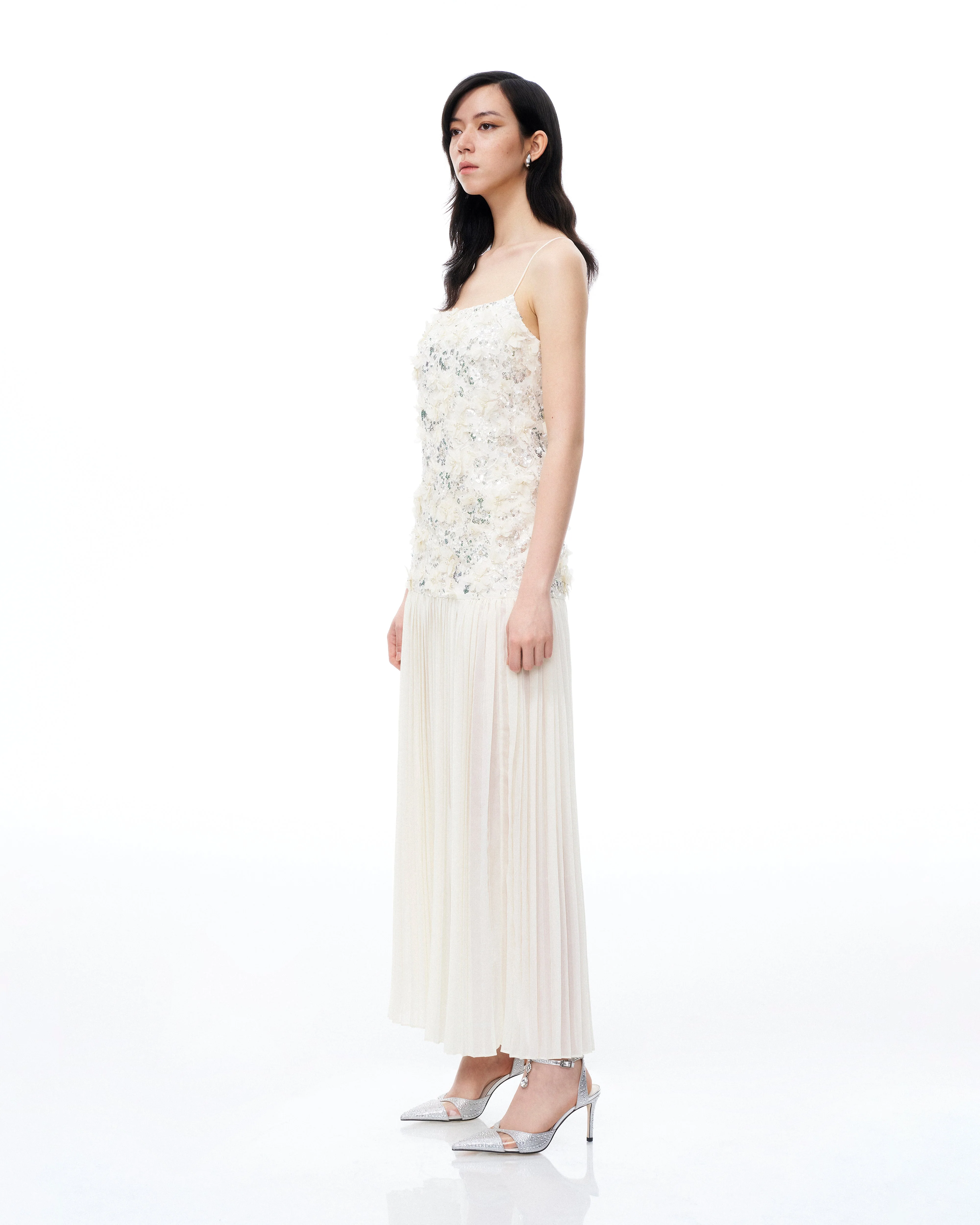 Galadriel 3D Floral Sequin Maxi Dress - White - FASHION NOB