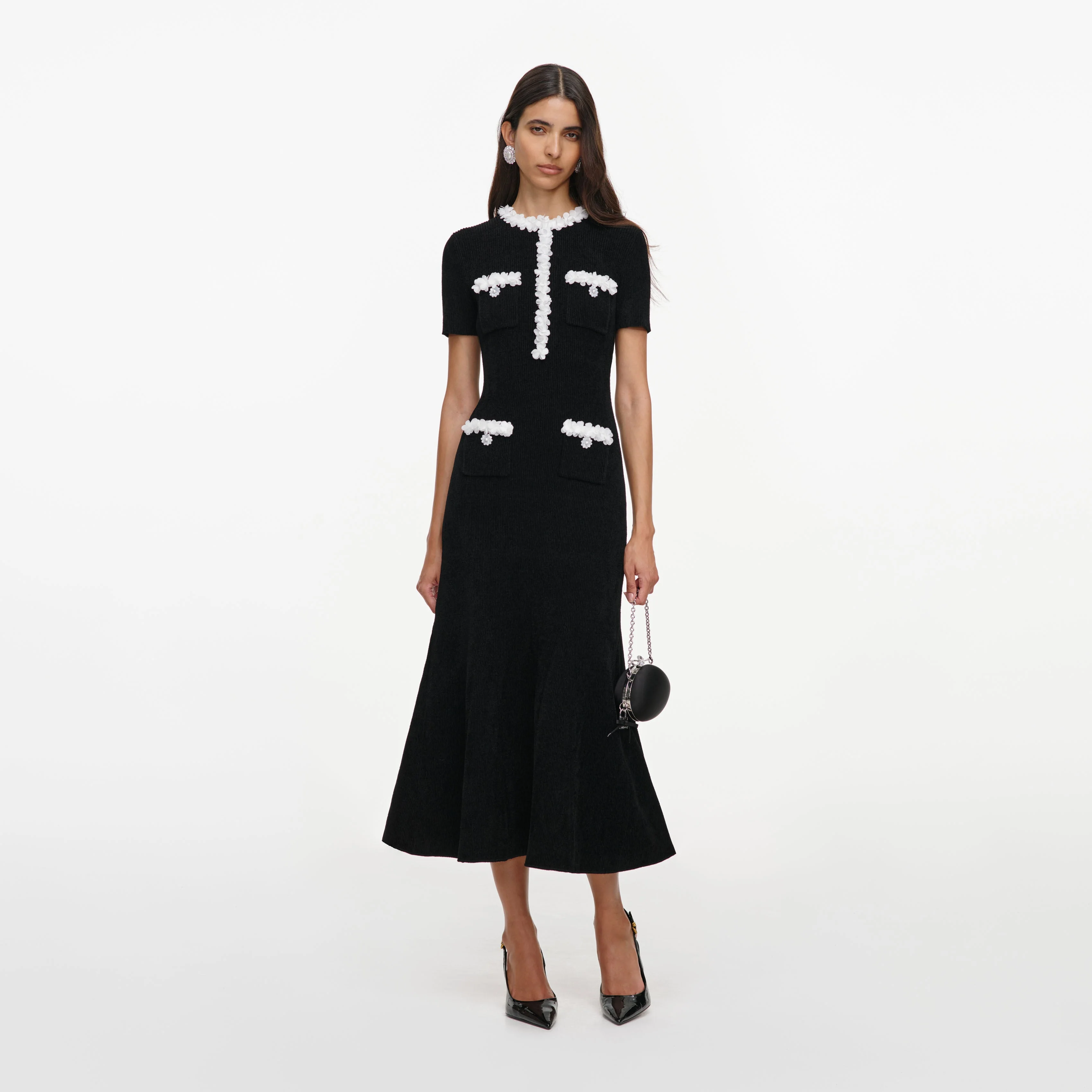 Black Chenille Knit Flower Trim Midi Dress