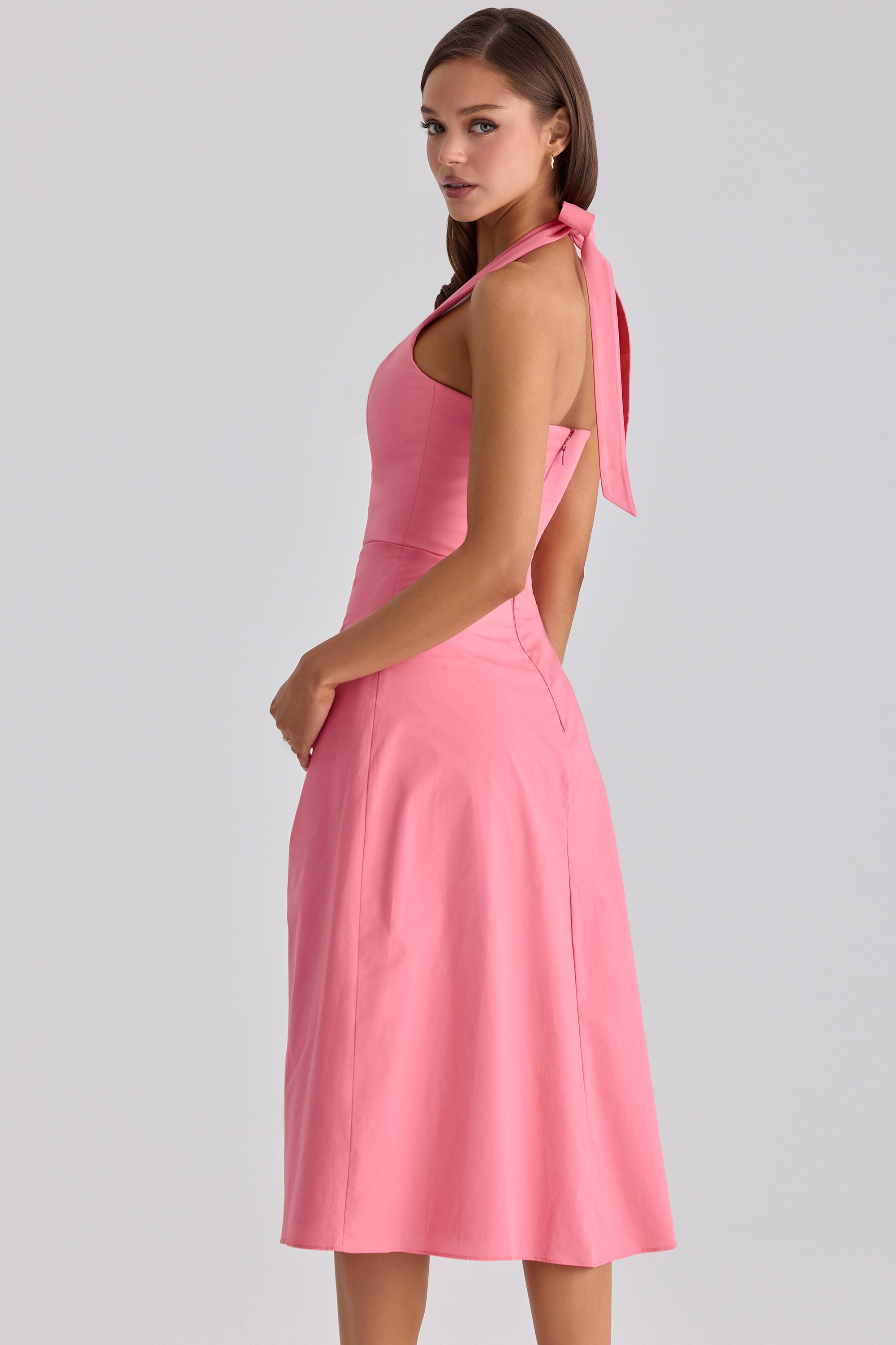 Raspberry Cotton Halter Neck Midi Dress