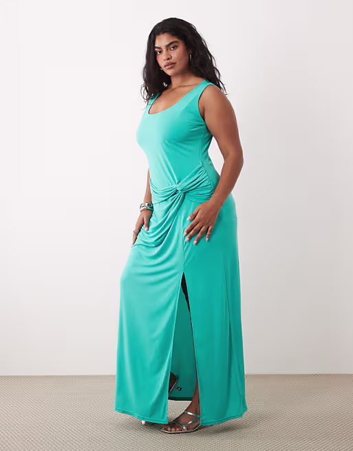 TFNC Plus slinky scoop neck knot detail split maxi dress in aqua blue