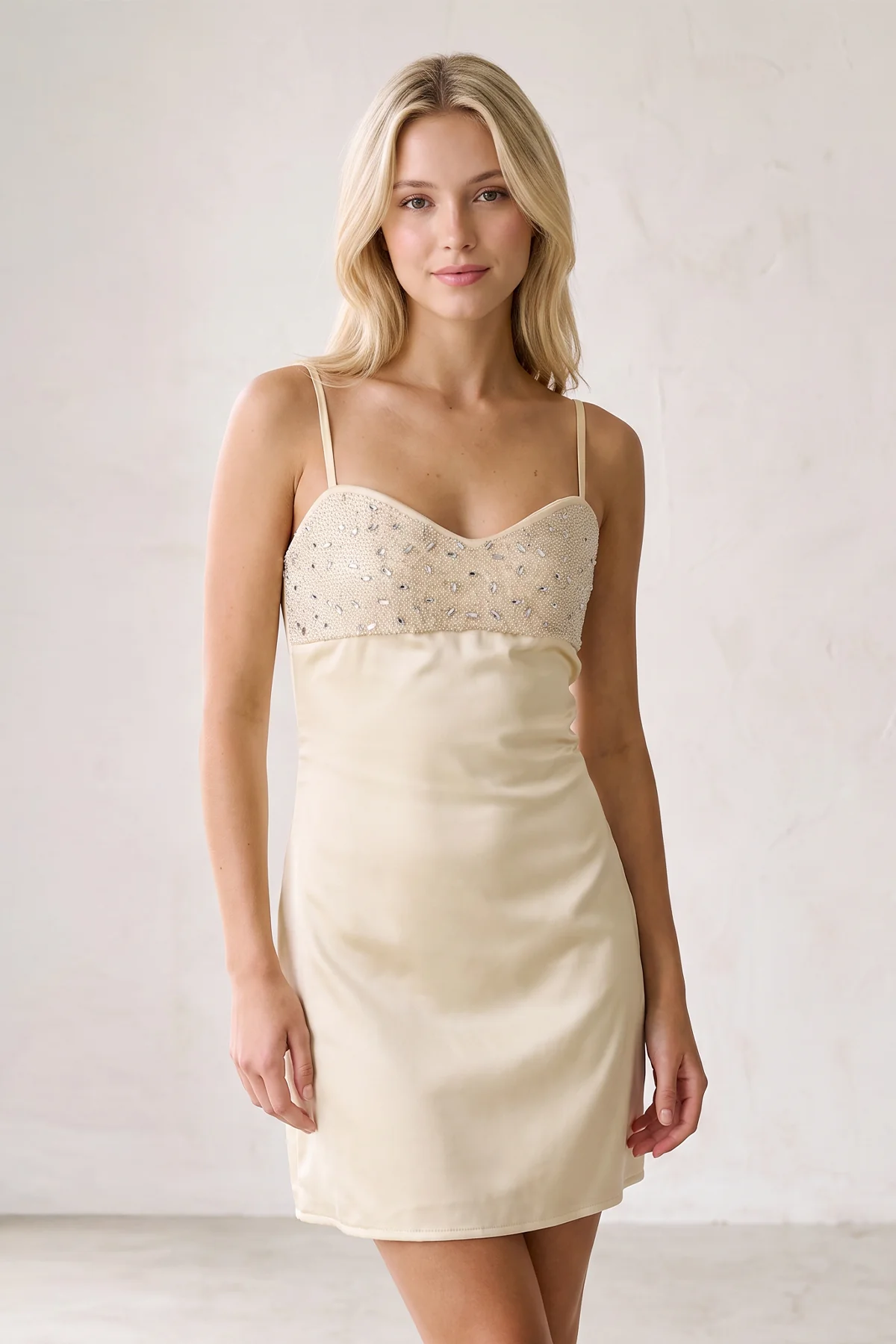 Champagne Spaghetti Straps Sheath Rhinestones Satin Homecoming Dress with Tie Back