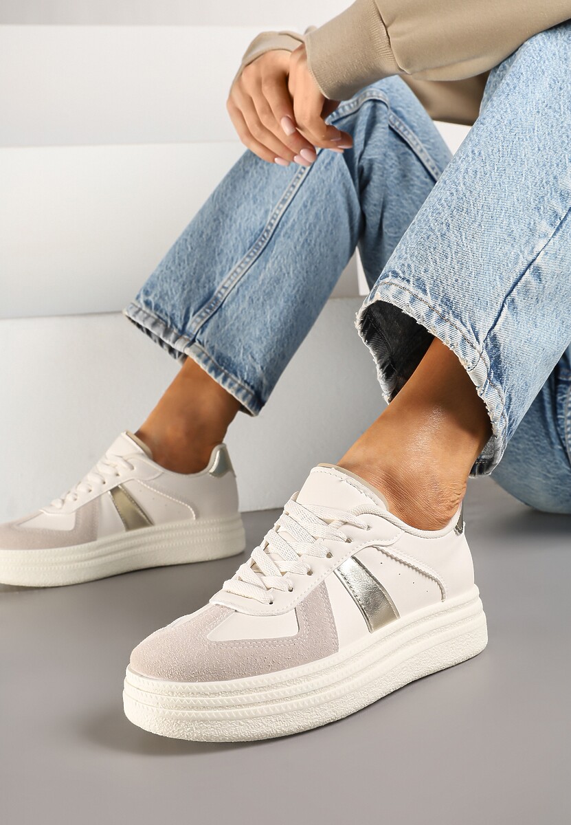 Beżowo-Złote Sneakersy na Platformie Ozdobione Paskami ze Sznurowaniem Bormi