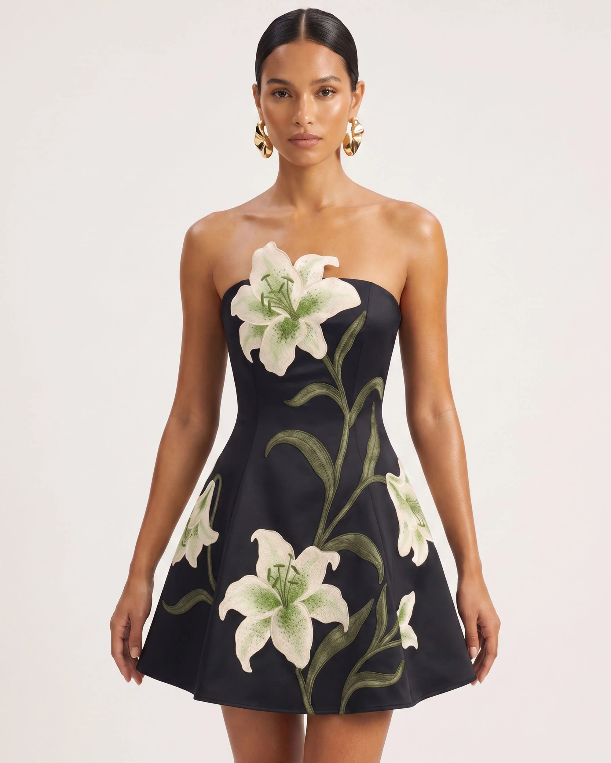 Lily Floral Print Strapless A-Line Mini Dress - Black