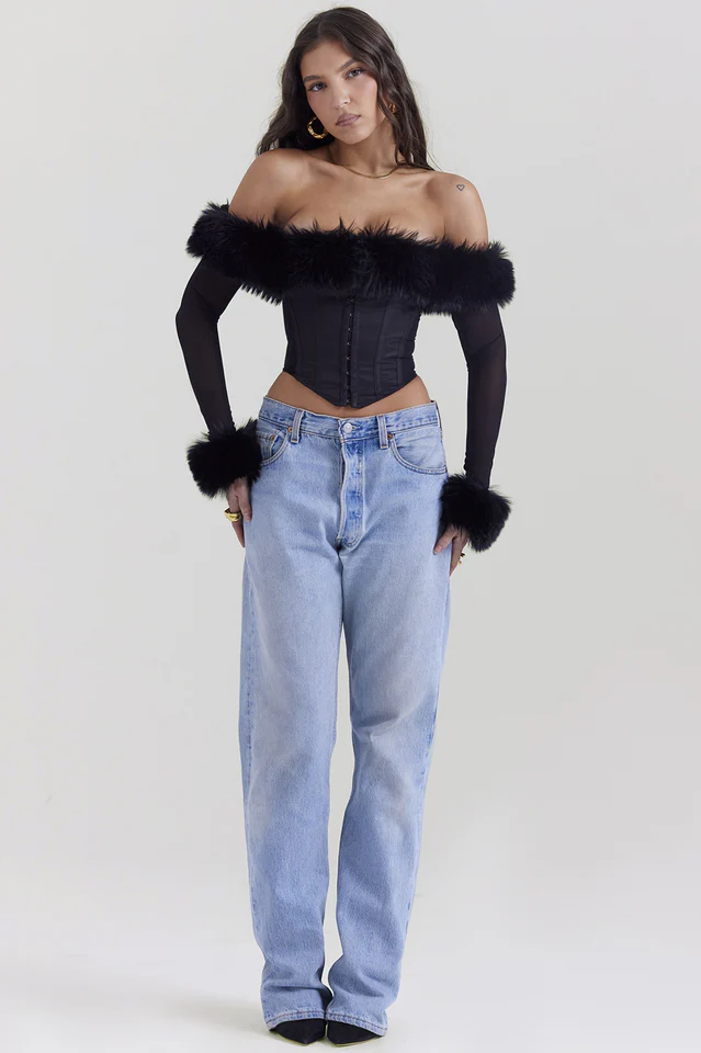 Black Faux Fur Trimmed Bustier