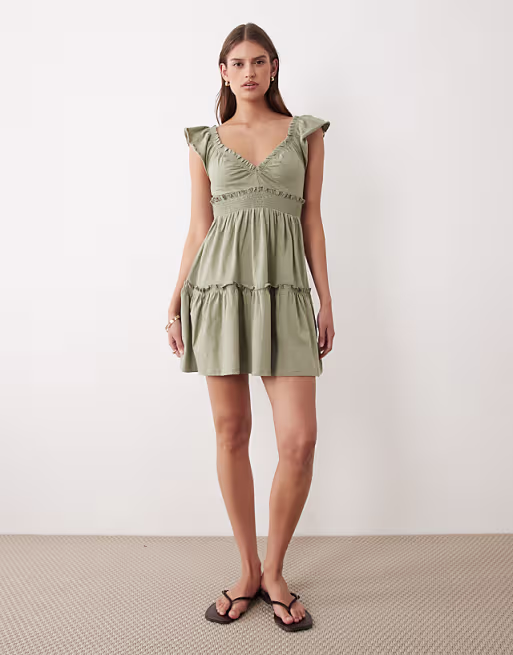 Miss Selfridge flutter sleeve smock dress in khaki