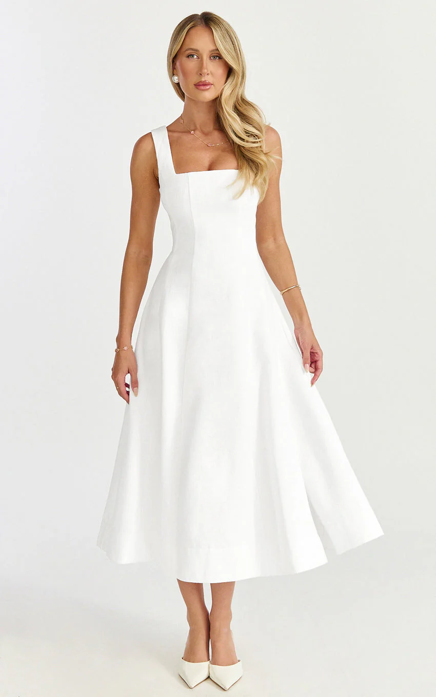 Walters Midi Dress - Square Neck Shirred Back Fit and Flare Panel Dress in White - luluinthesky