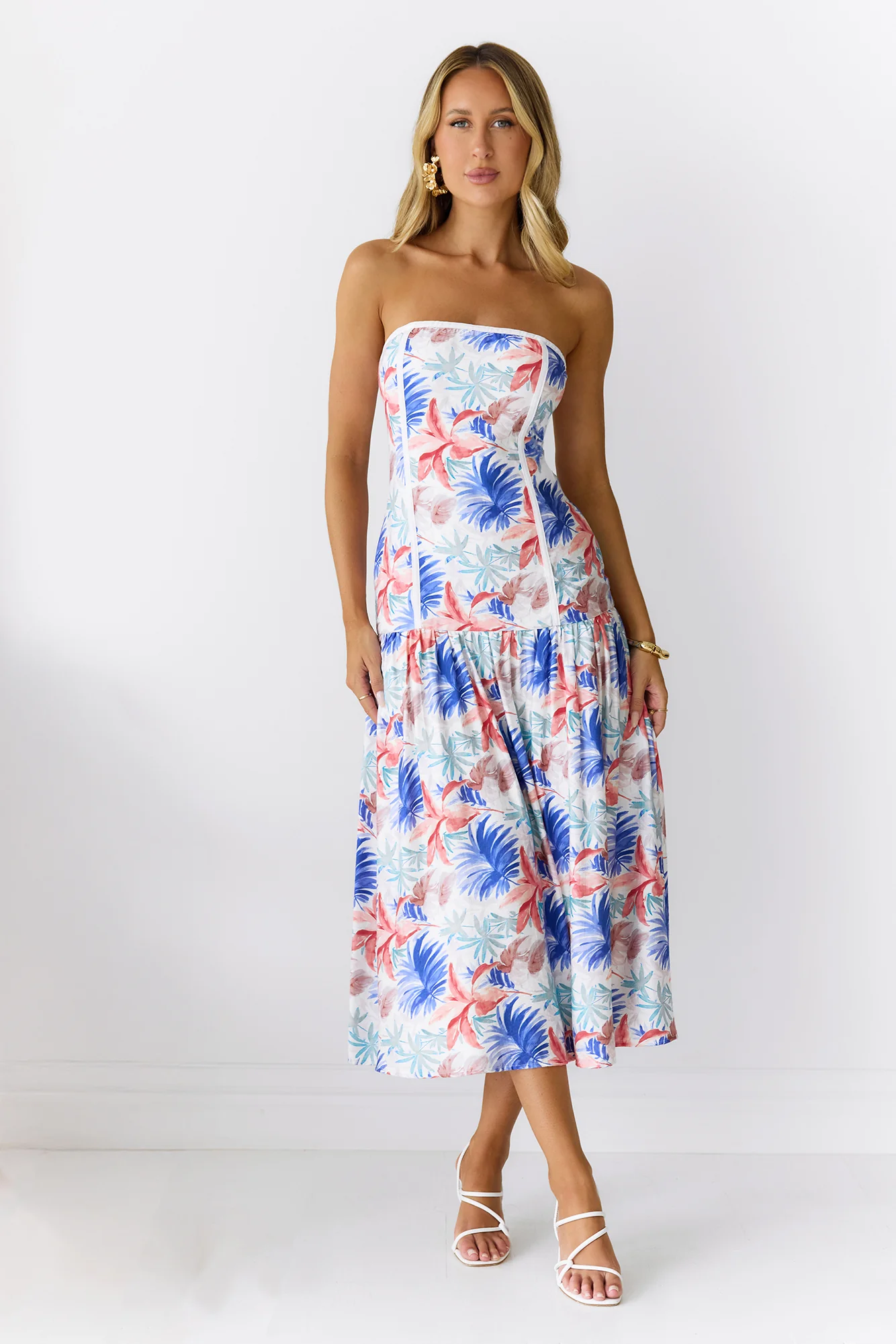 Palm Oasis Strapless Midi Dress Blue