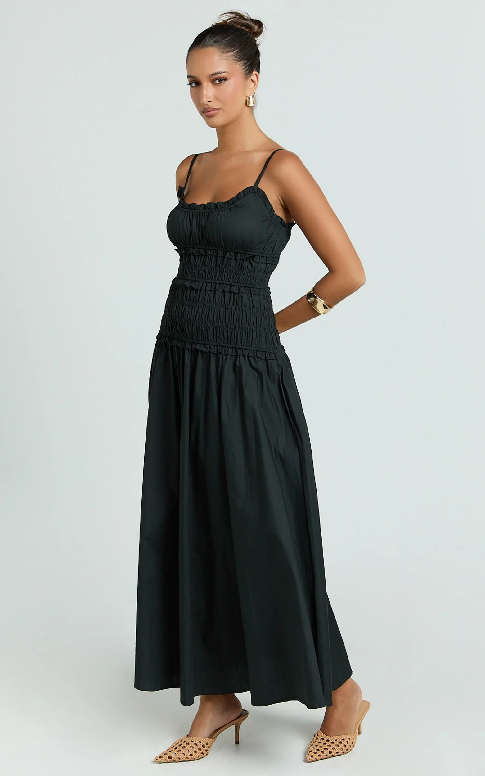 Cami Midi Dress - Rushed Bodice Dress in Black