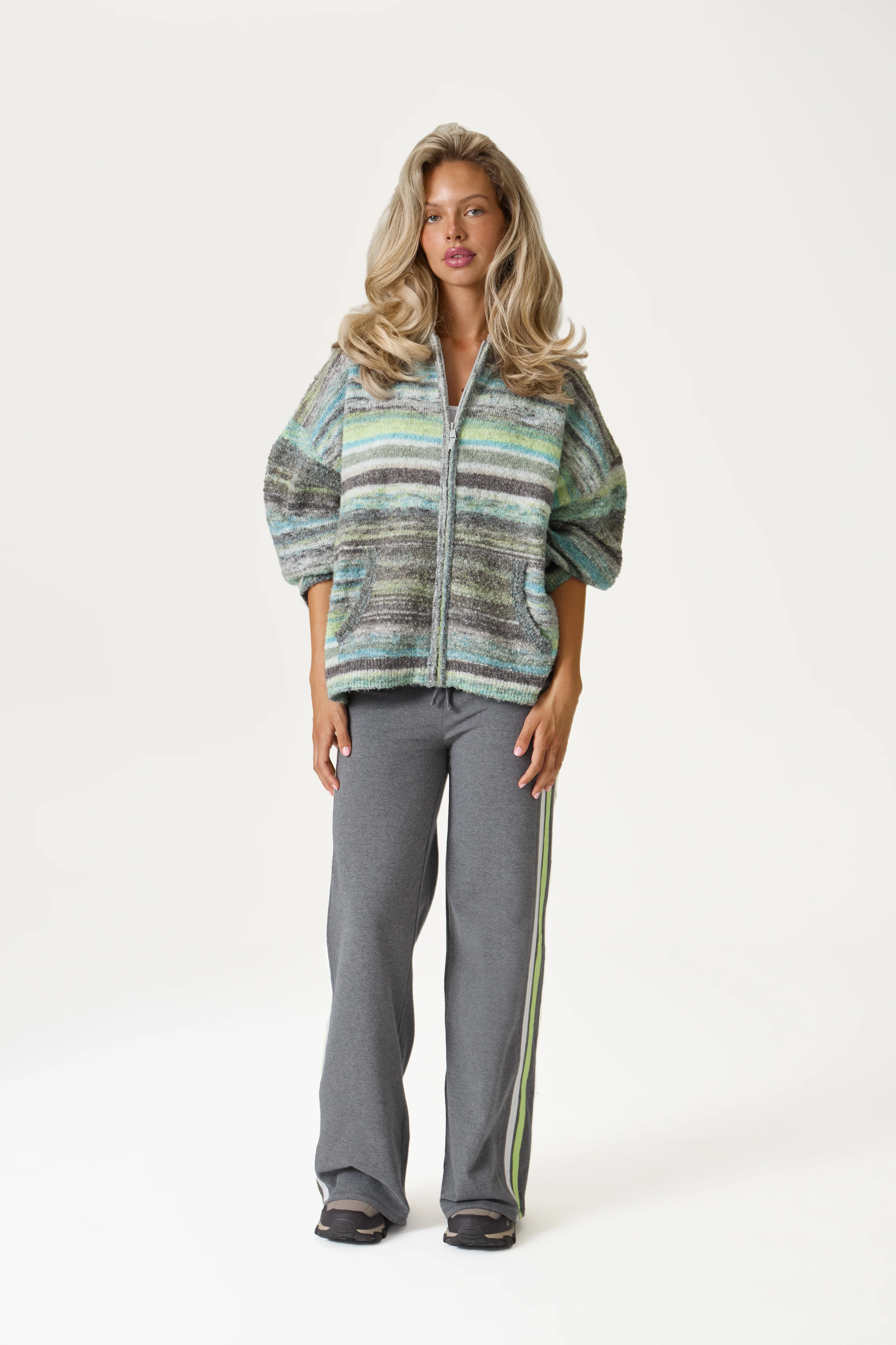 Emmett Knit Zip Up Hoodie in Lime