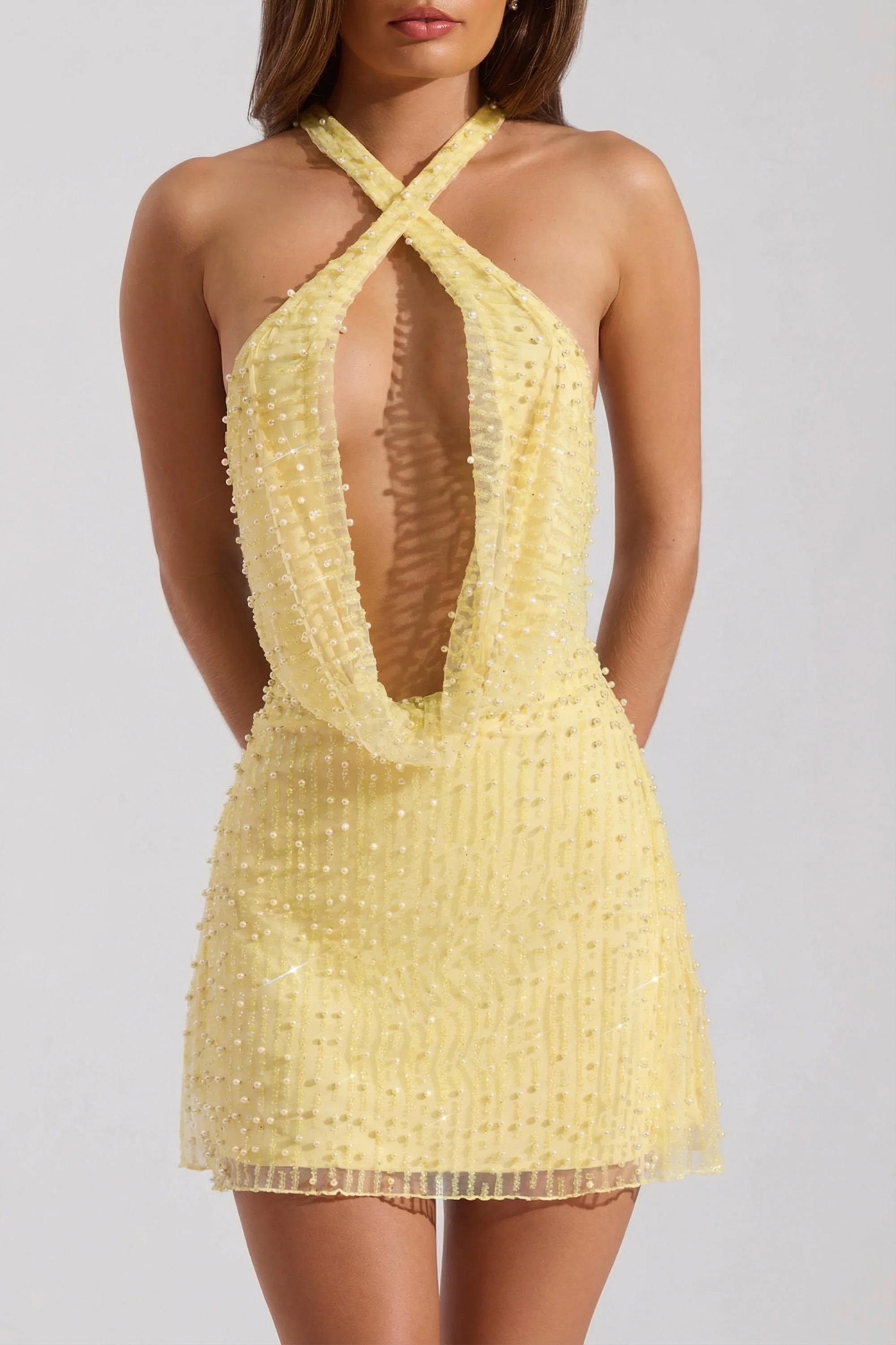 Embellished Cowl-Neck Backless Mini Dress in Yellow