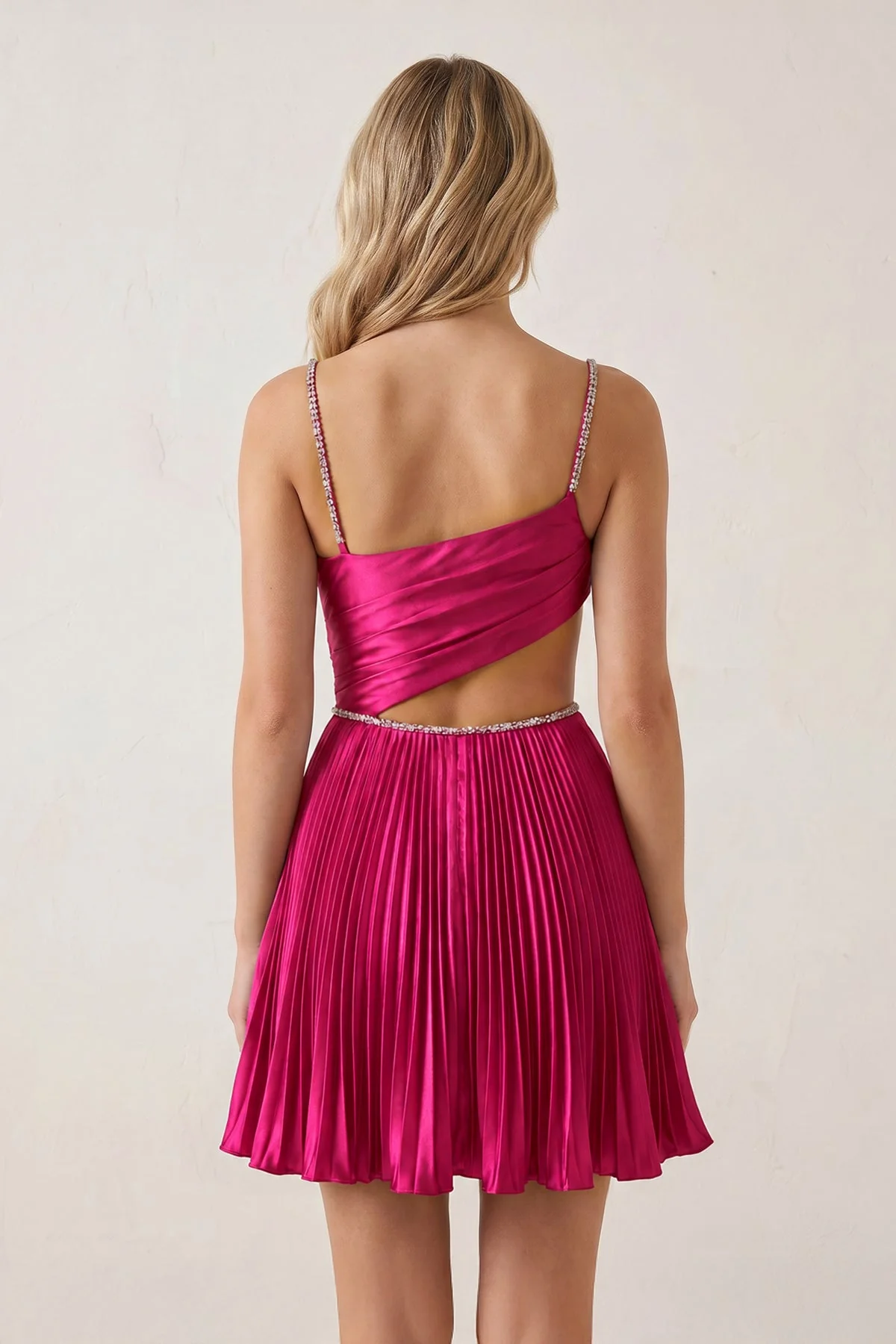 Royal Blue Spaghetti Straps Cut-Out Pleated A-Line Satin Homecoming Dress with Beading