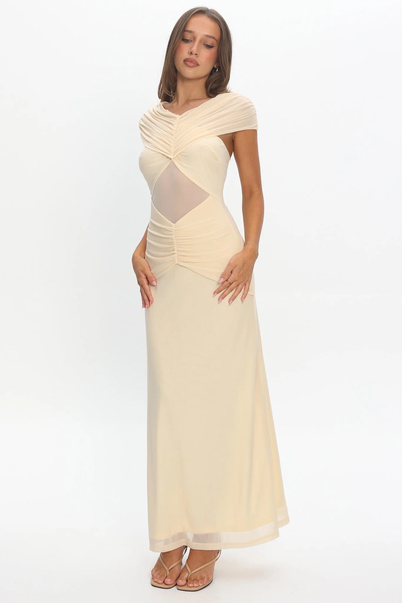 Reba Sheer Waist Ruched Maxi Waist Cream