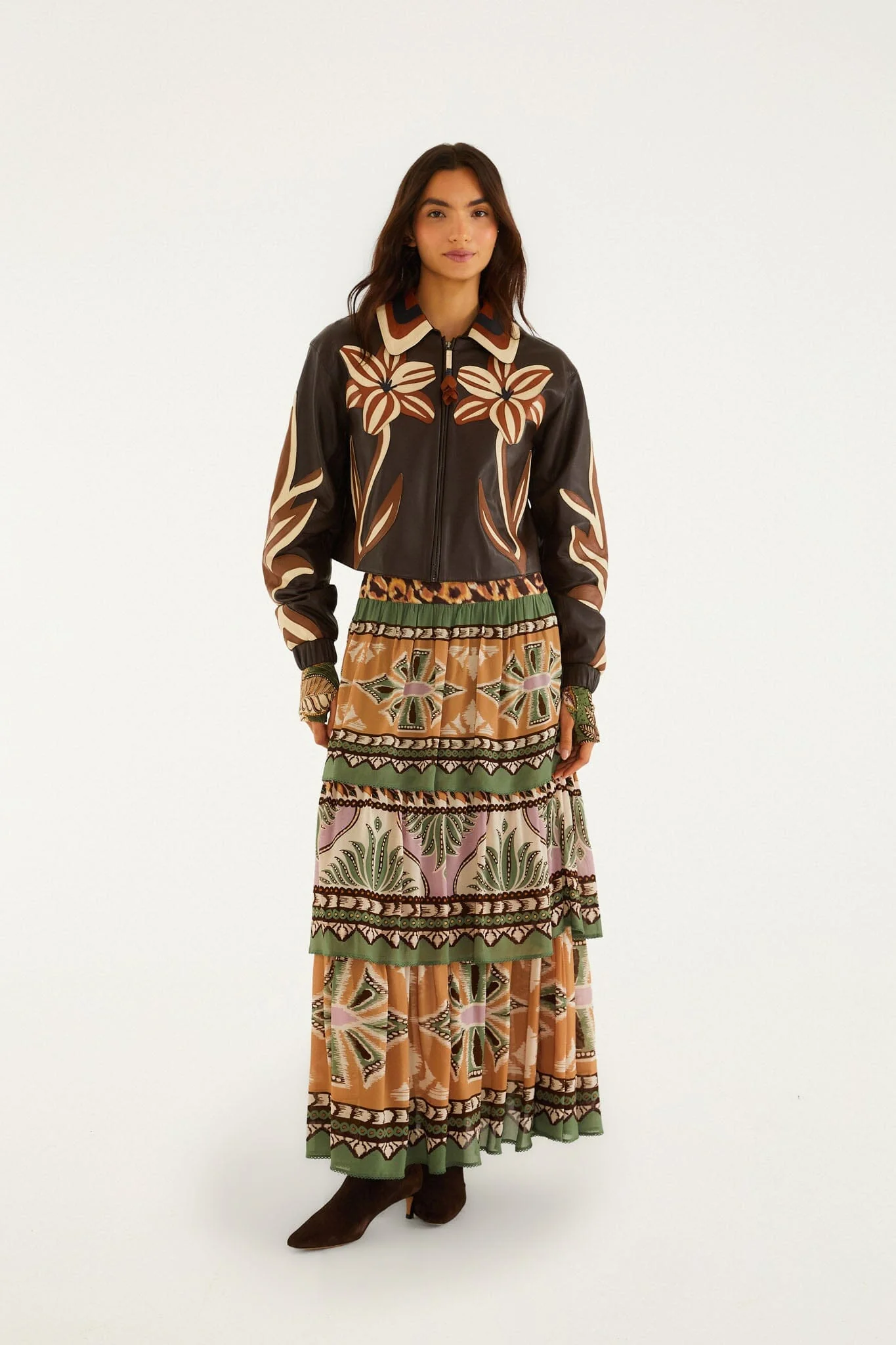 Brown Flower Cutwork Collared Leather Jacket