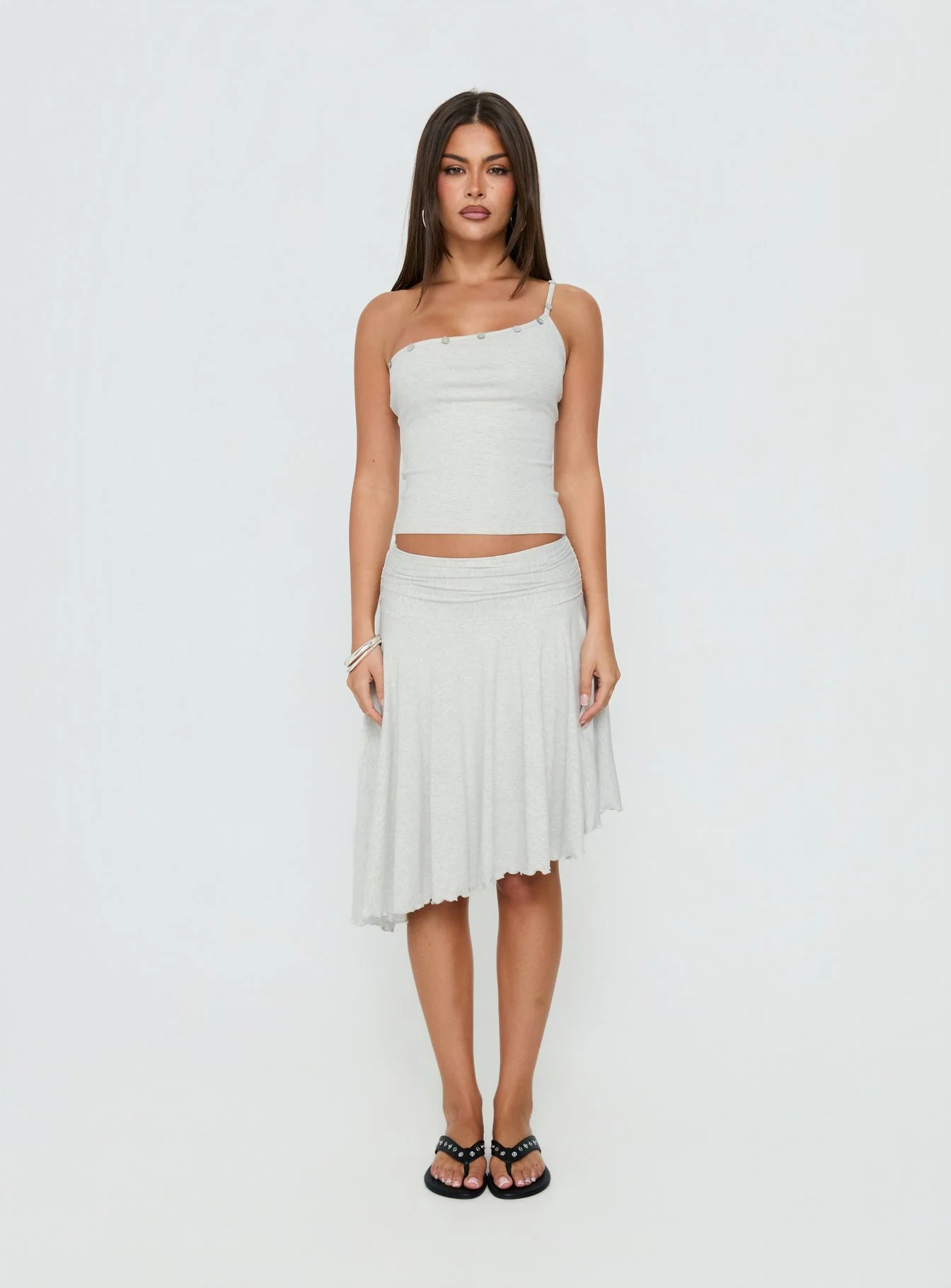 Mimmi One Shoulder Button Detail Top Grey