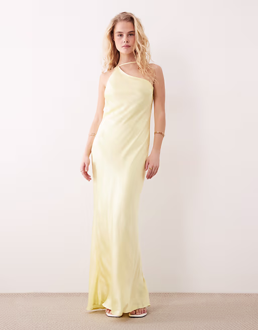 SNDYS satin asymmetric shoulder cowl back strappy maxi dress in yellow