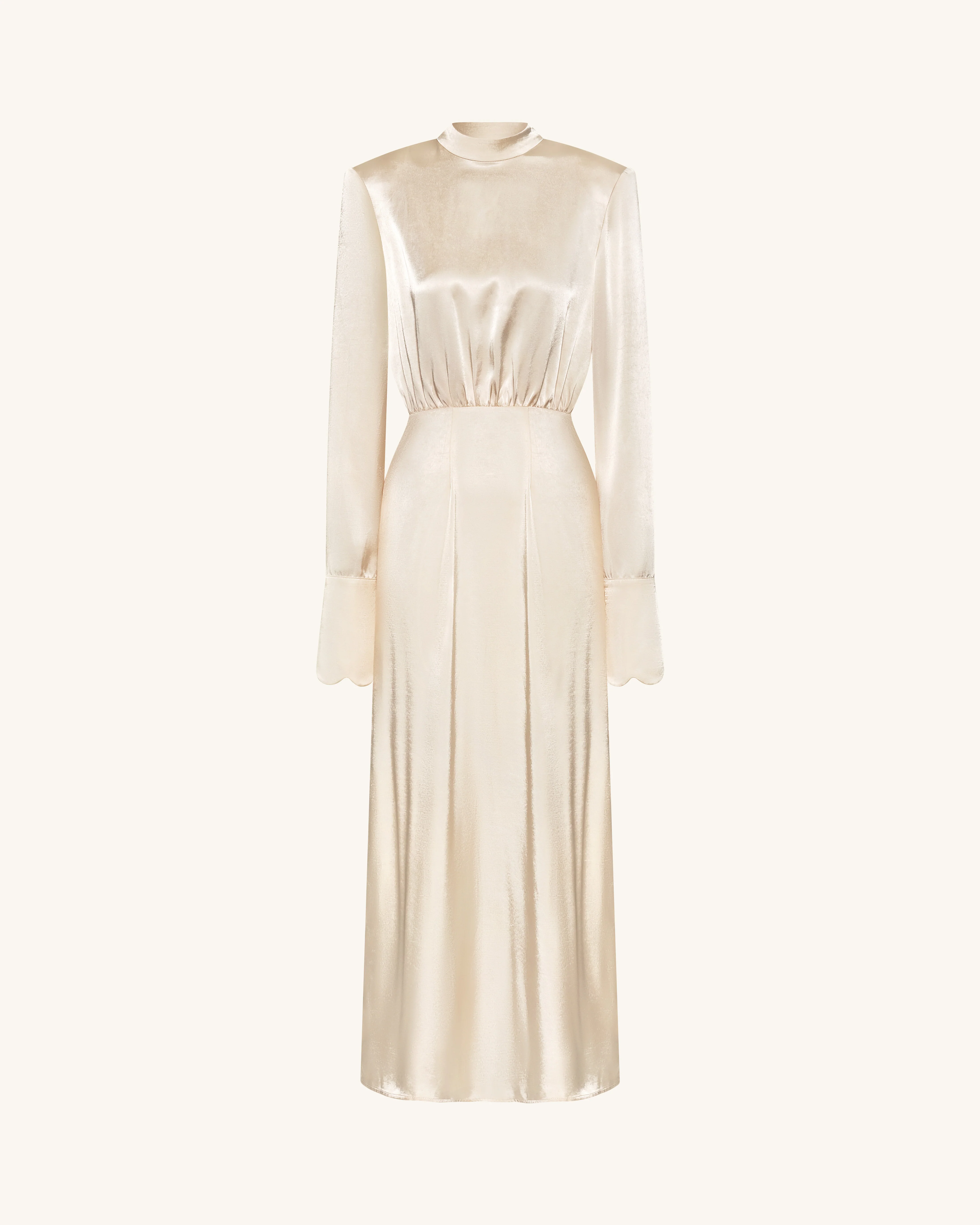 Structured Shoulder Design Satin High-Neck Fitted Maxi Dress - Cream - FASHION NOB