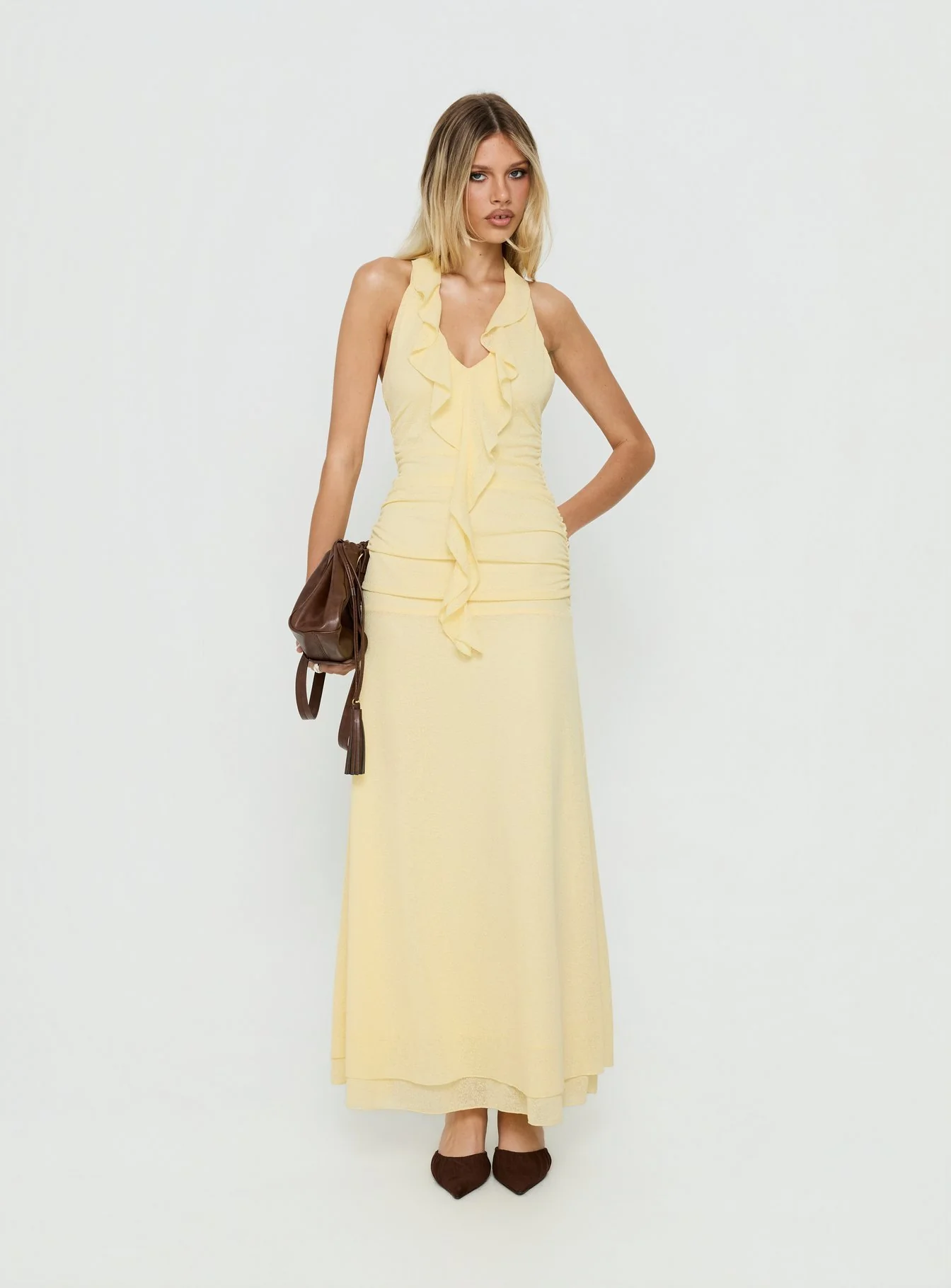 Leyda Plunge Frill Maxi Dress Yellow