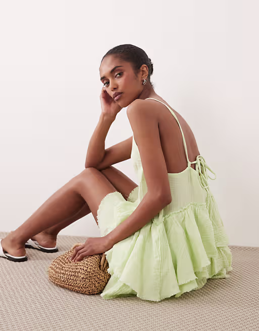 double cloth washed mini sundress with distressed ruffles in washed lime