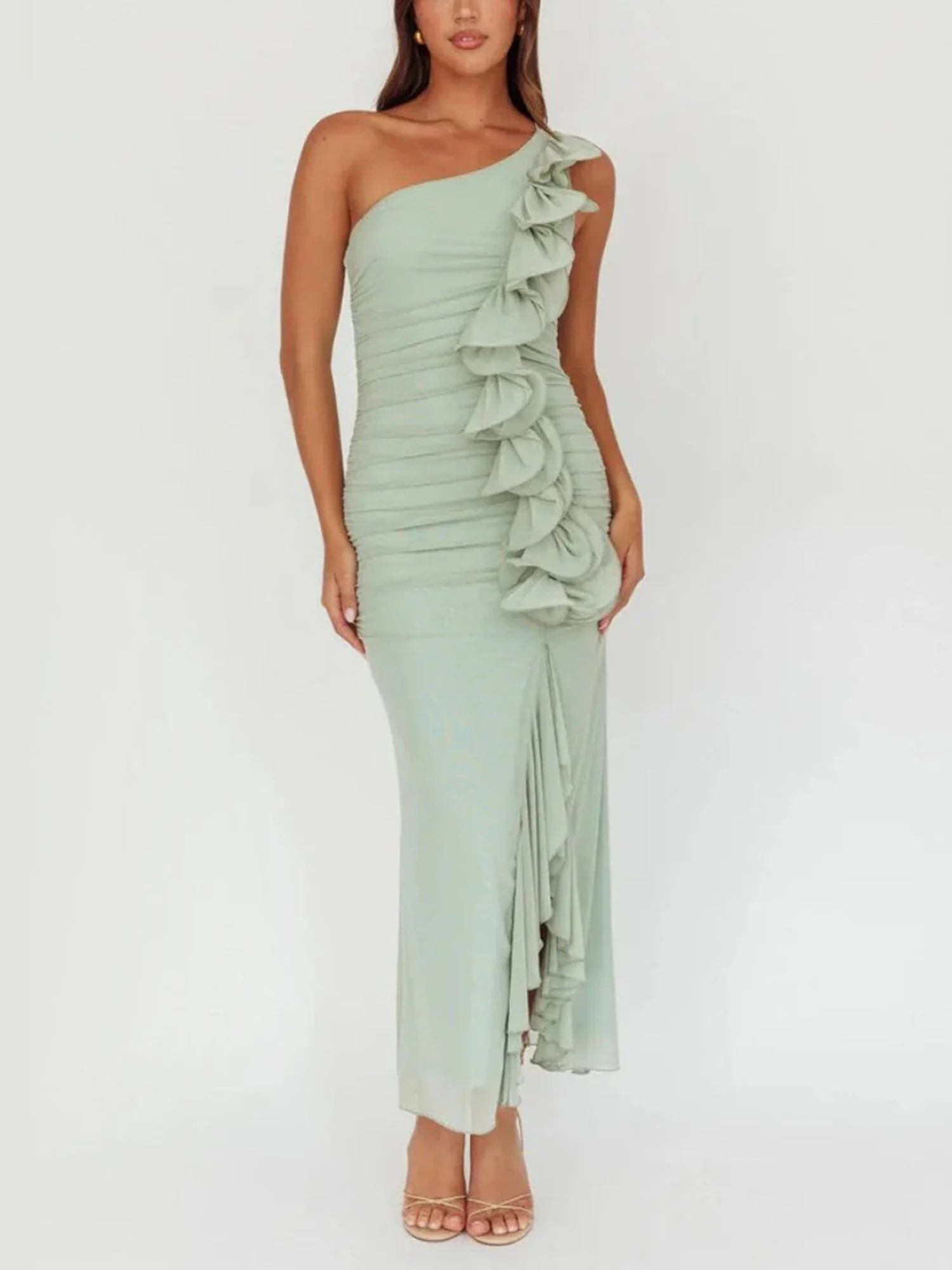 Light Green One Shoulder Ruffle Midi Dress