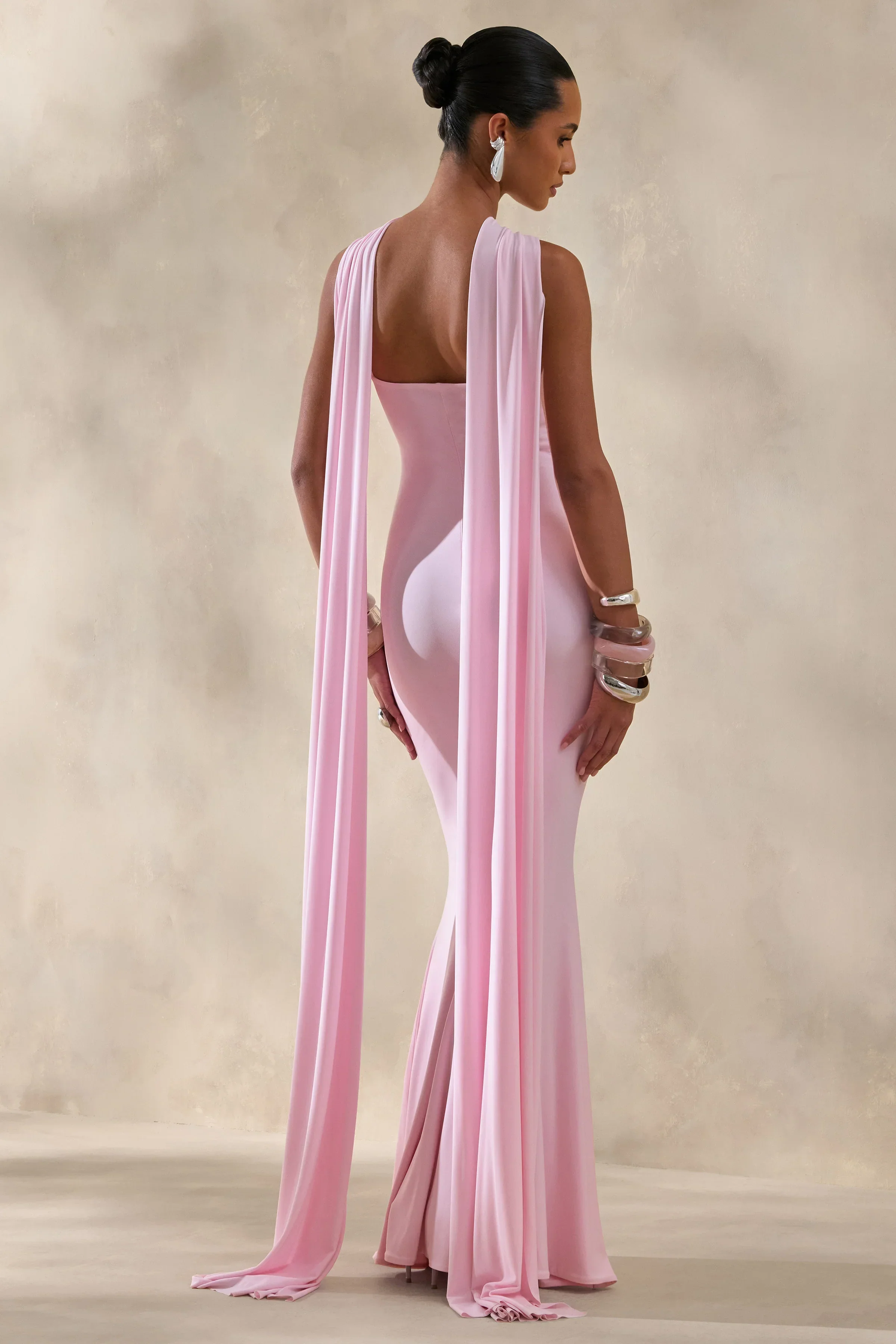 Rhoda | Light Pink Twist Halter-Neck Cape Maxi Dress