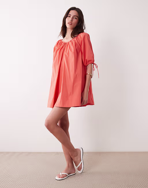 scoop neck poplin mini dress with tie sleeves in coral