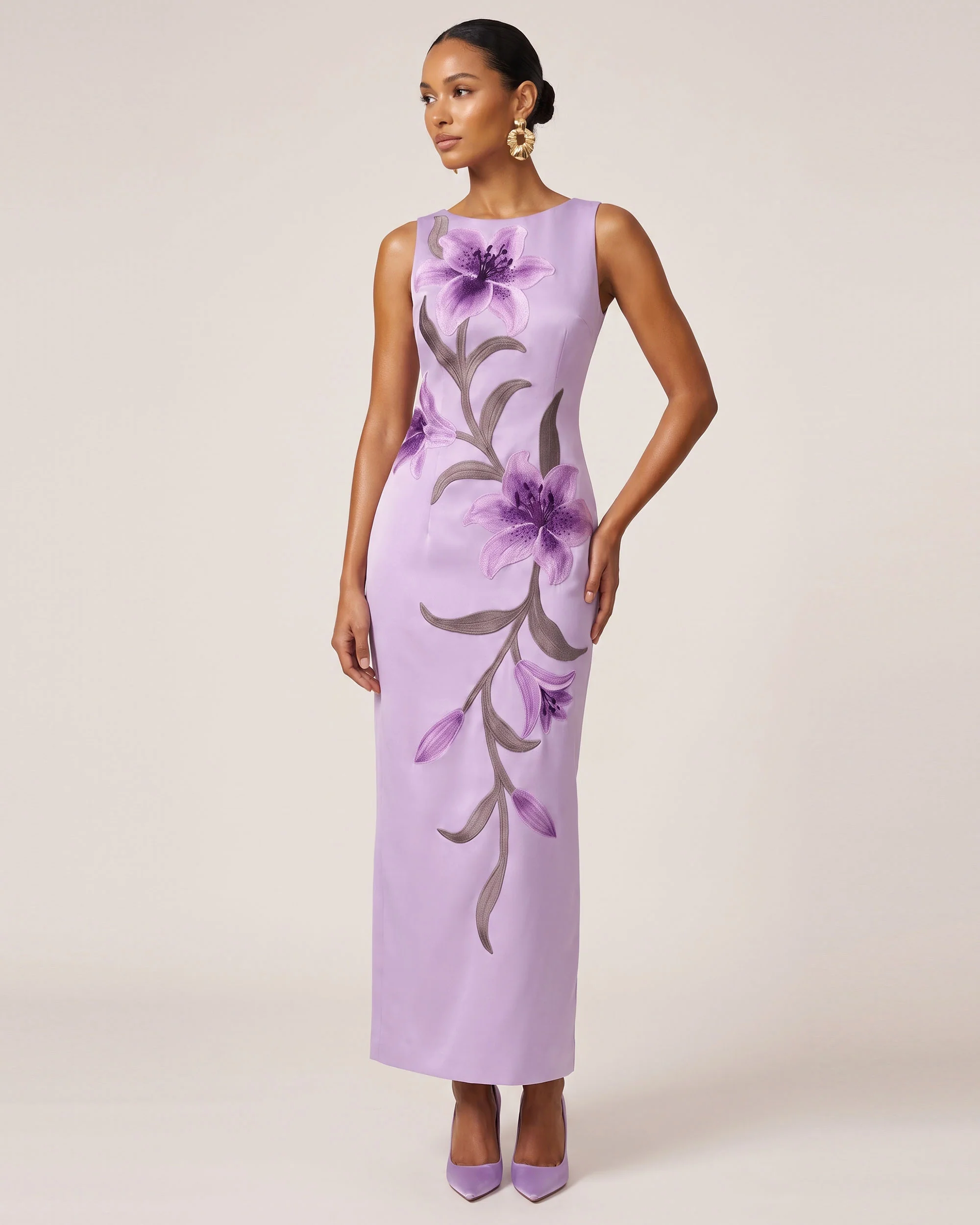 Lily Floral Print Sleeveless Column Maxi Dress - Light Purple