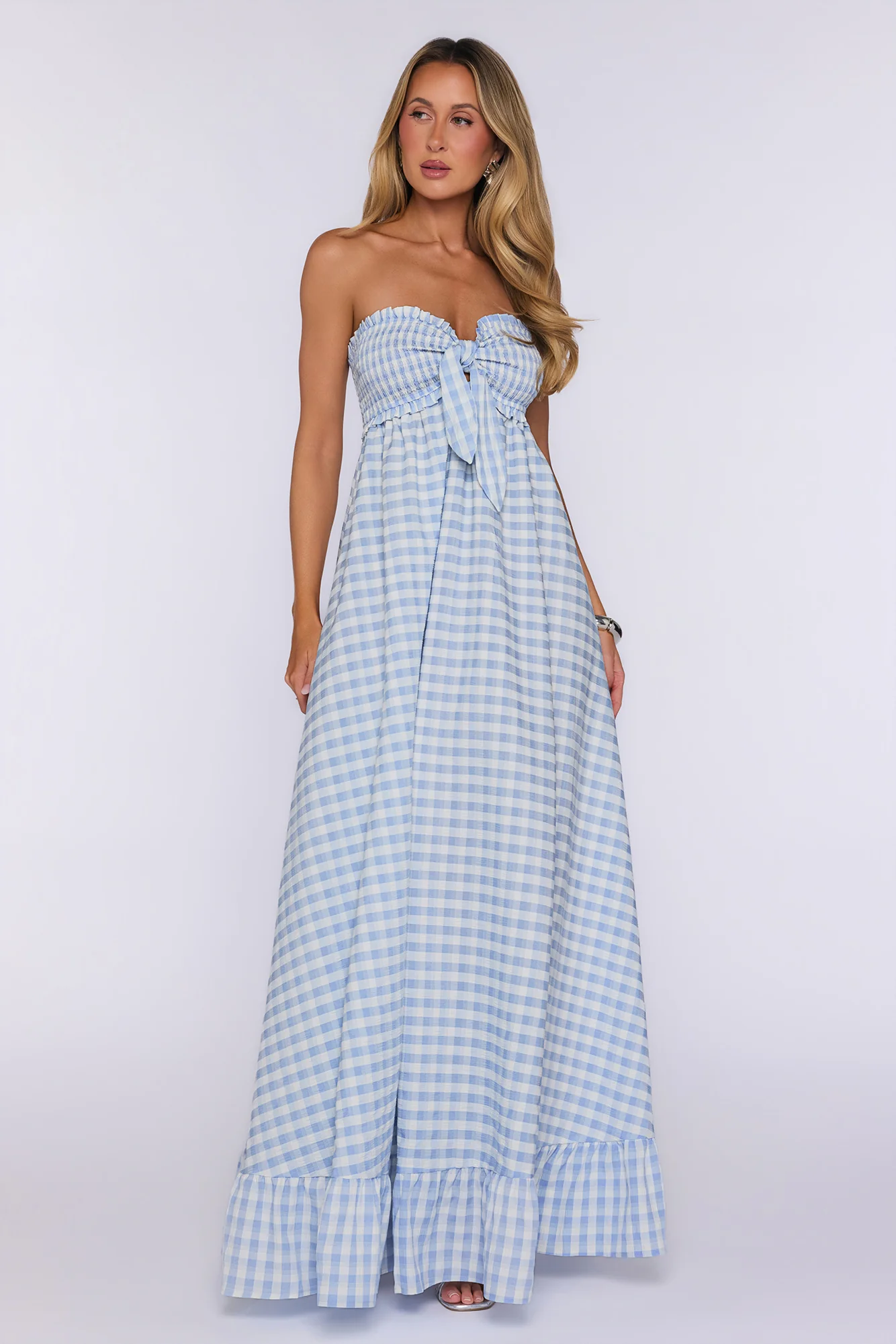 Picnic Perfect Look Strapless Gingham Maxi Dress Blue