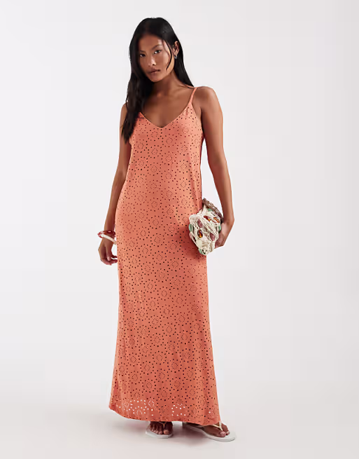 Vero Moda Petite floral eyelet jersey cami maxi dress in orange