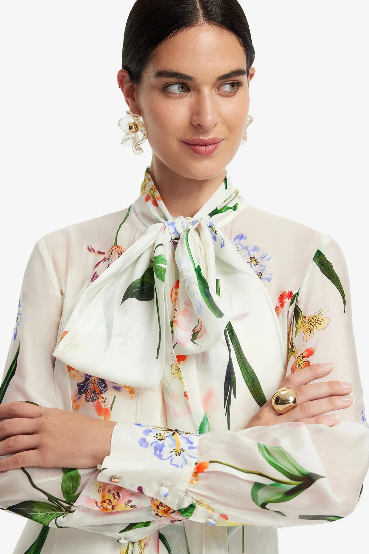 Lilith Tie Neck Maxi Dress - Botanical Print in Snow