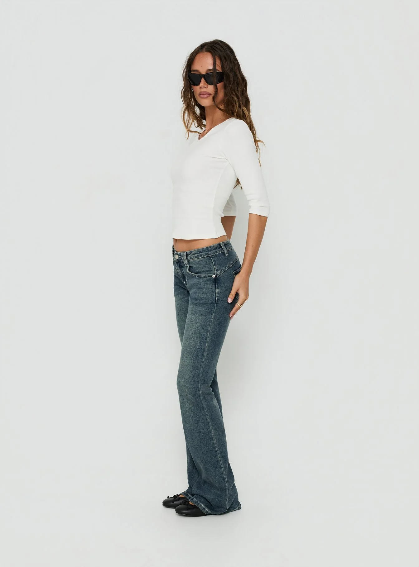 Clynee Ultra Low Rise Bootleg Jeans Dirty Blue - FASHION NOB