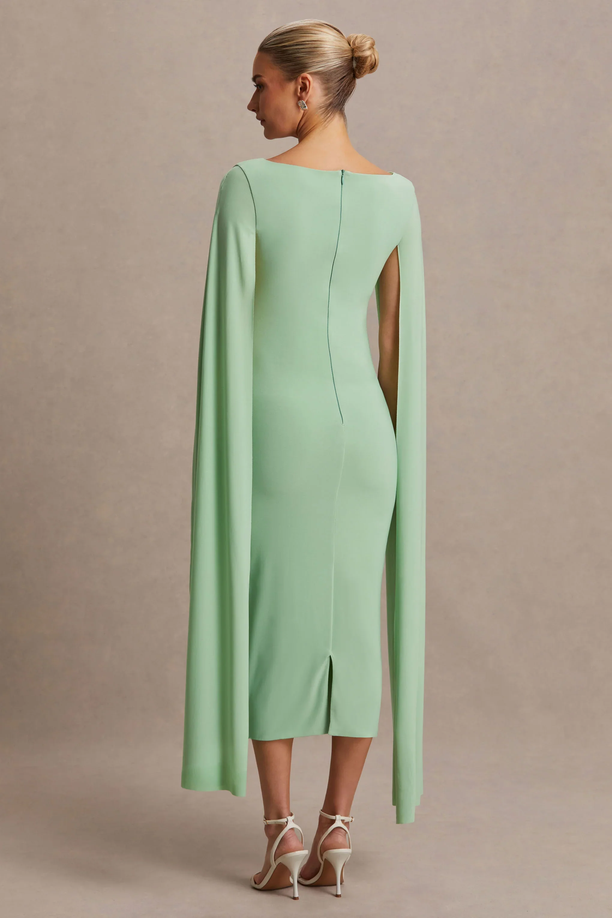 Providence | Light Green High-Neck Maternity Midi Dress With Cape Sleeves