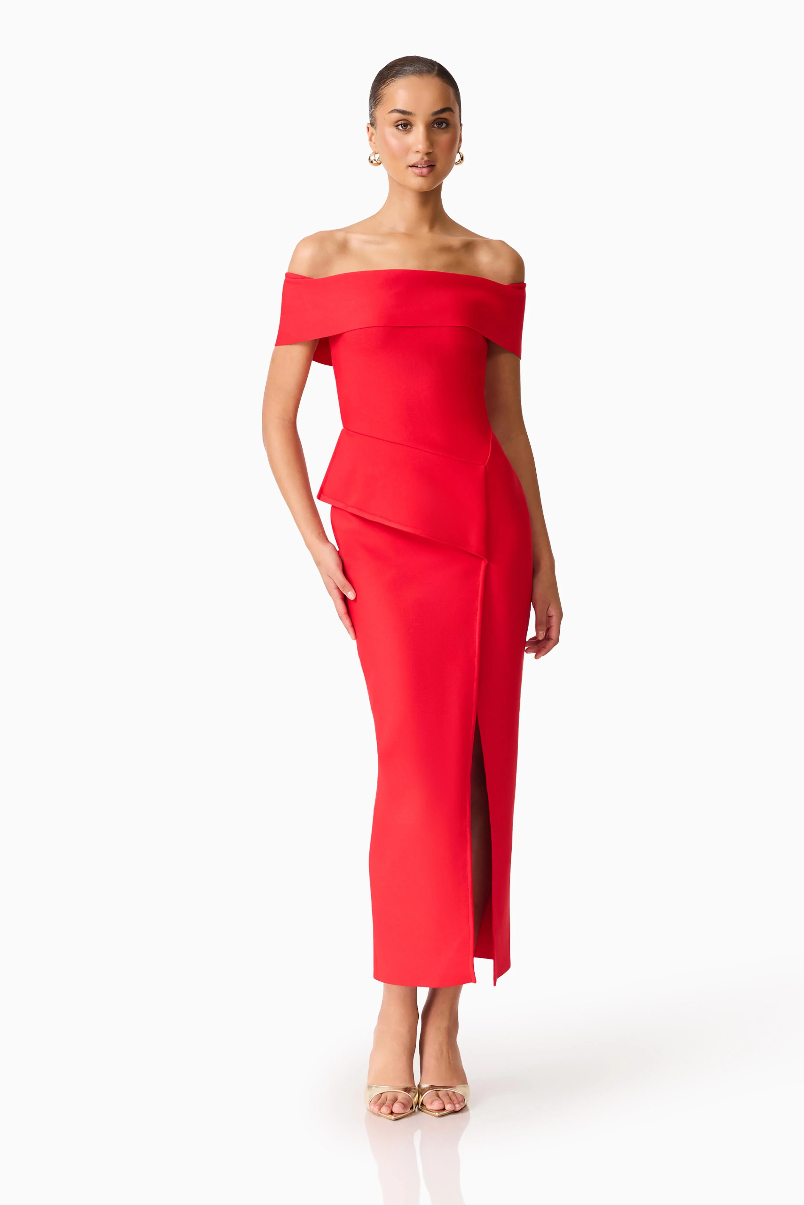 Celia Off Shoulder Gown in Red
