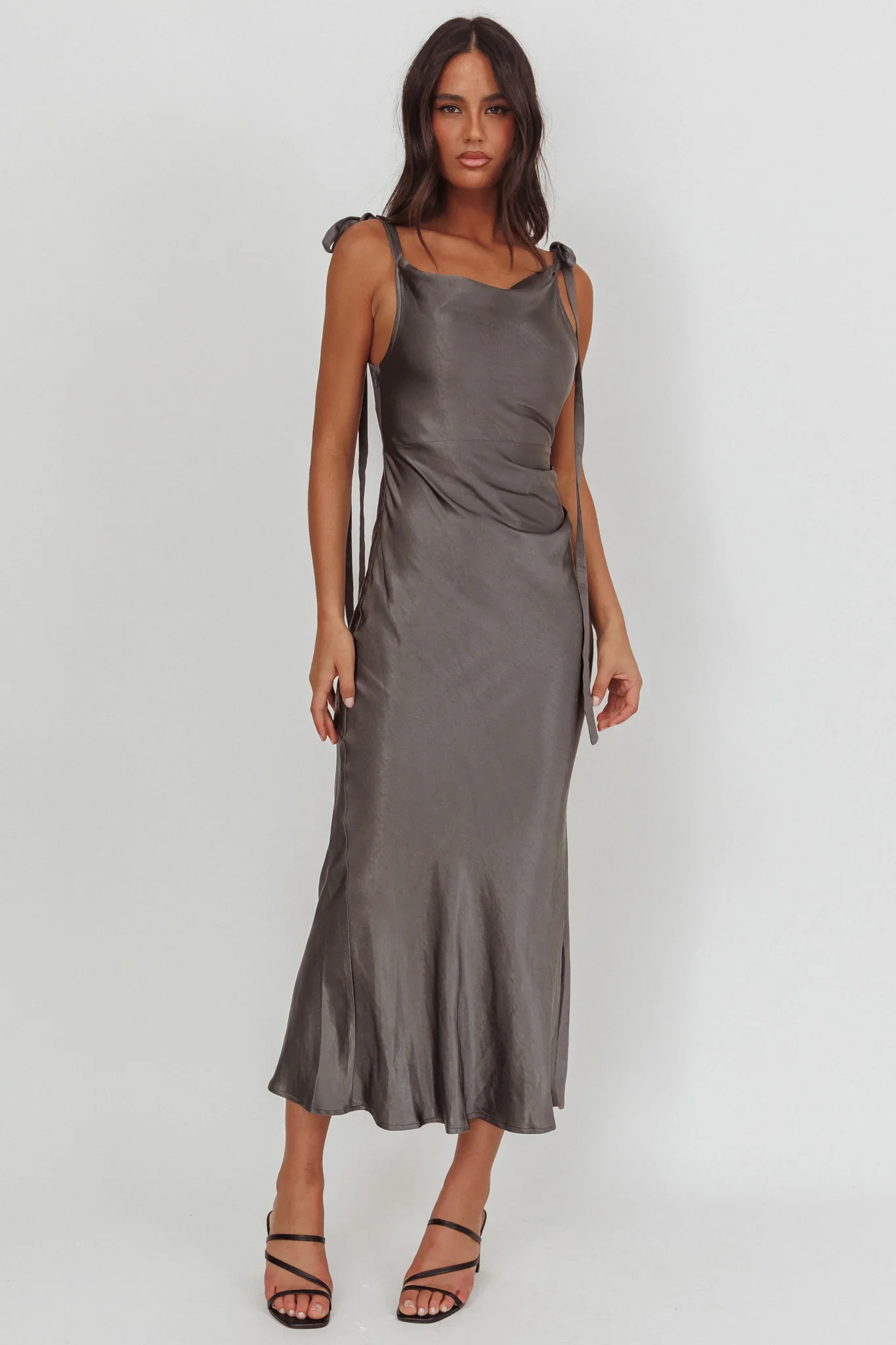 Glory Day Tied Shoulder Cowl Maxi Dress Charcoal