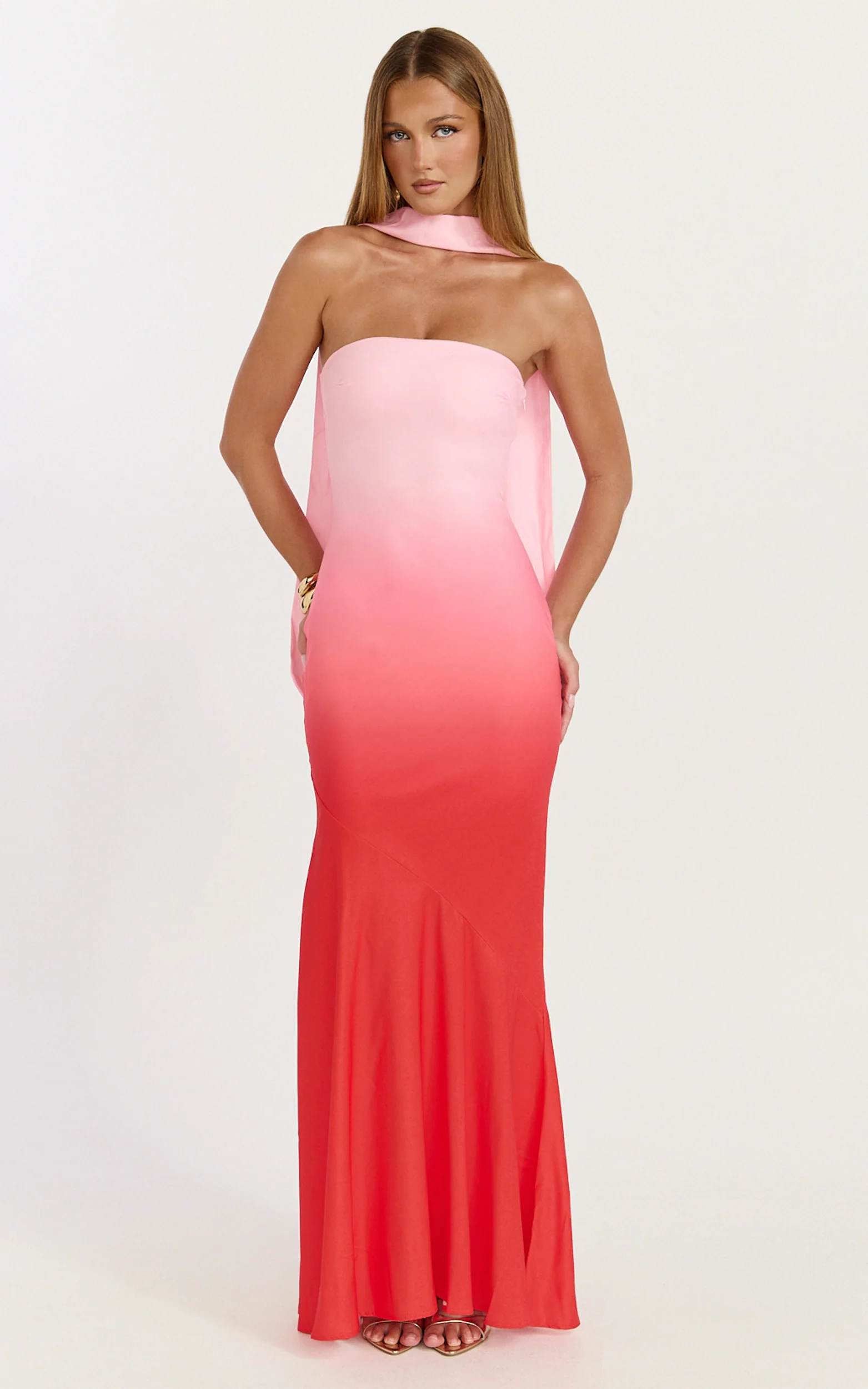 Lolly Maxi Dress - Strapless Bias Column Dress with Scarf in Blush Ombre Print