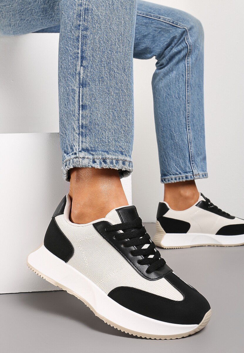 Biało-Czarne Sneakersy na Grubej Podeszwie z Ozdobnymi Przeszyciami i Sznurowaniem Filmia
