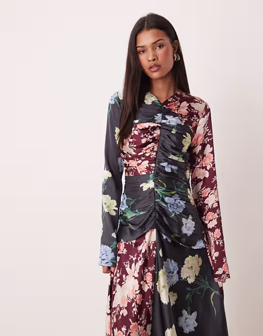 maxi dress with ruched body in mixed floral
