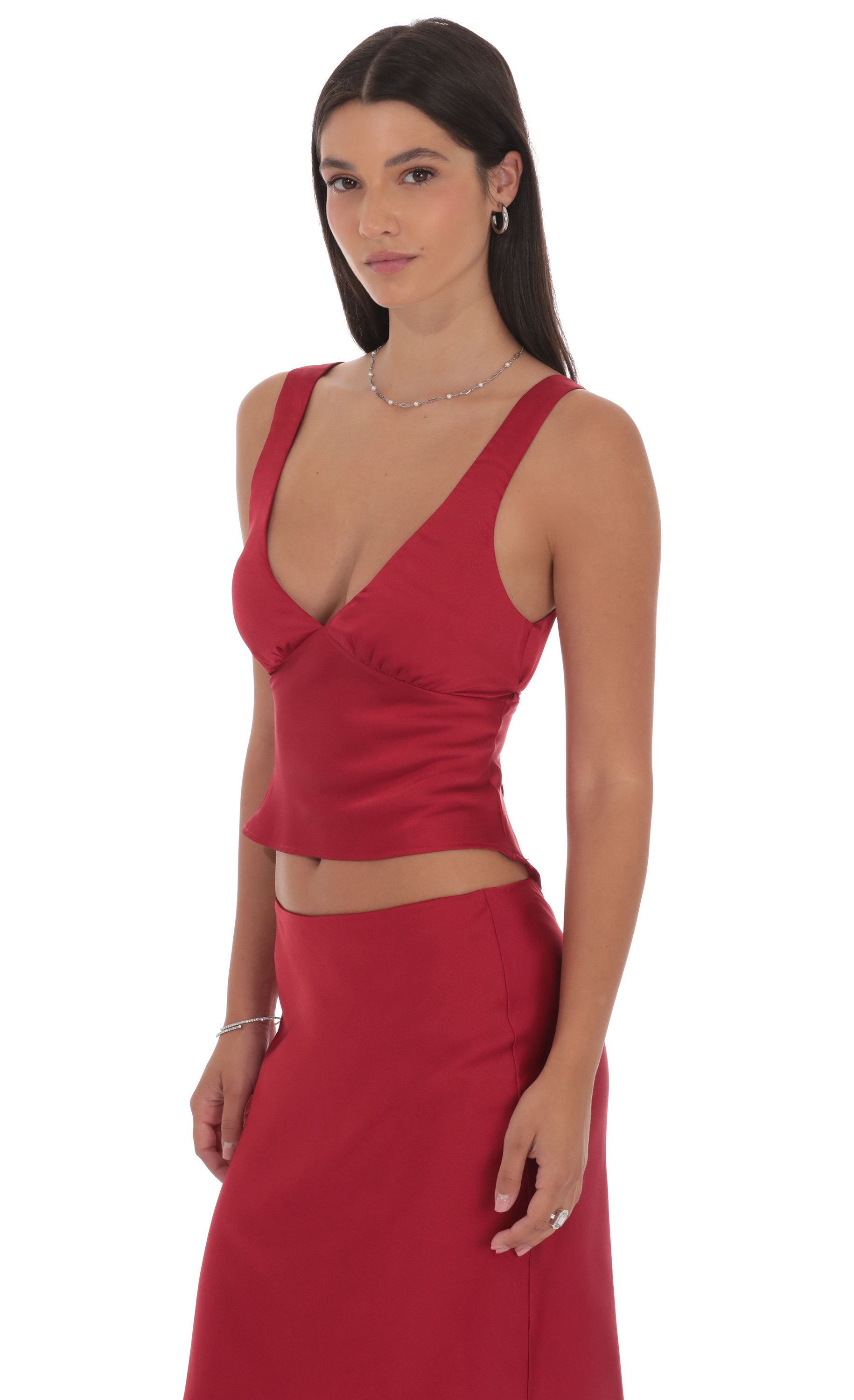 Satin V-Neck Top in Red - luluinthesky