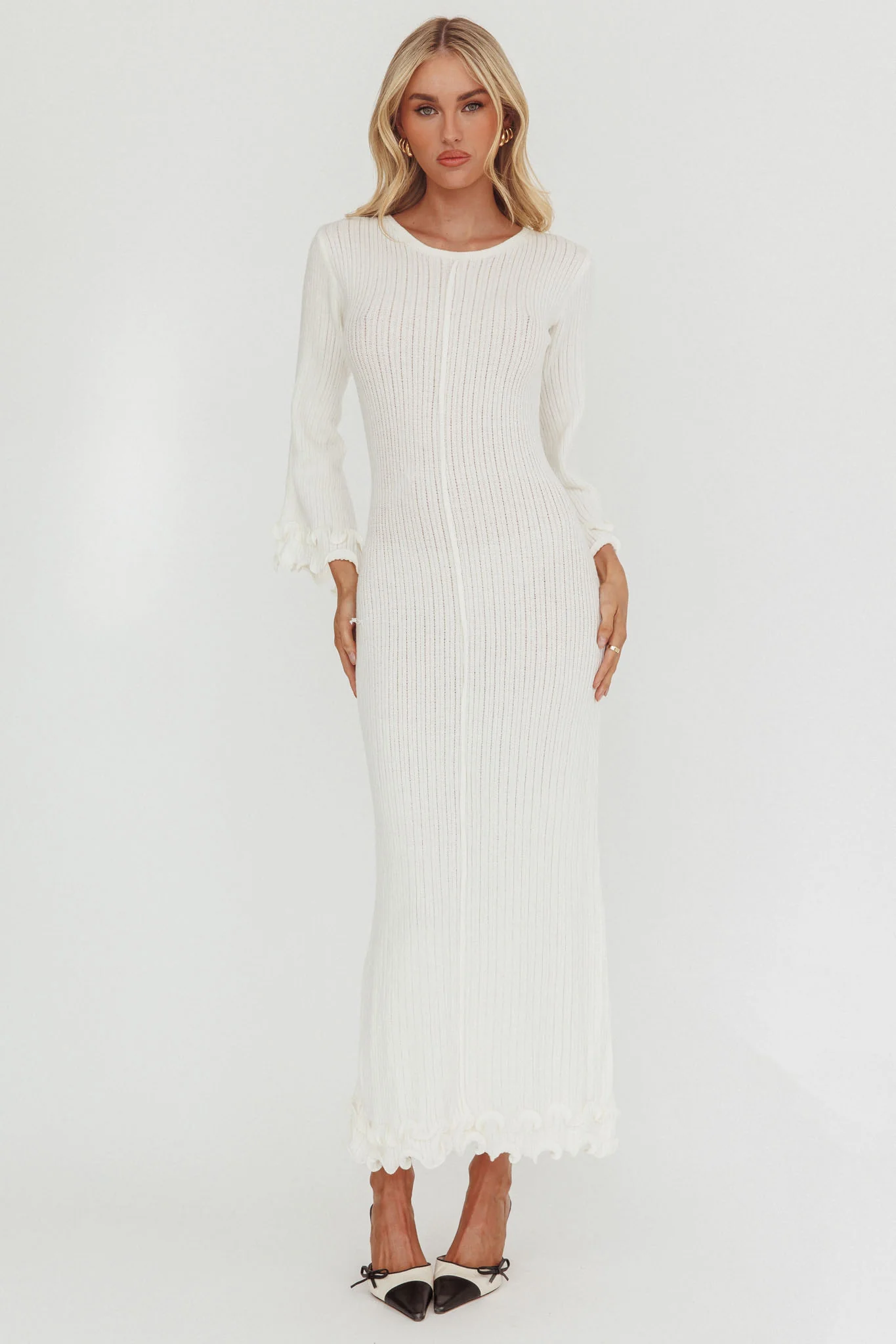 Wrenna Bell Sleeve Knit Maxi Dress White
