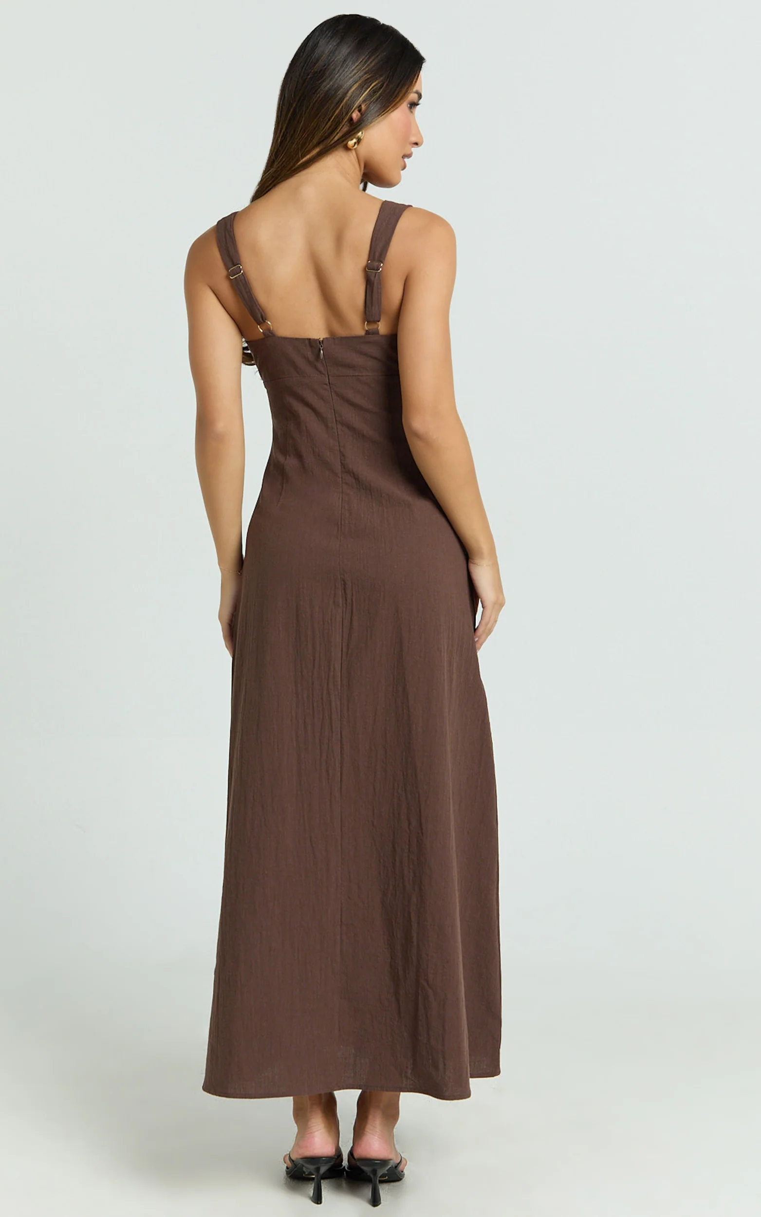 Silvena Midi Dress - Plunge Neckline Tie Front A Line Dress in Chocolate