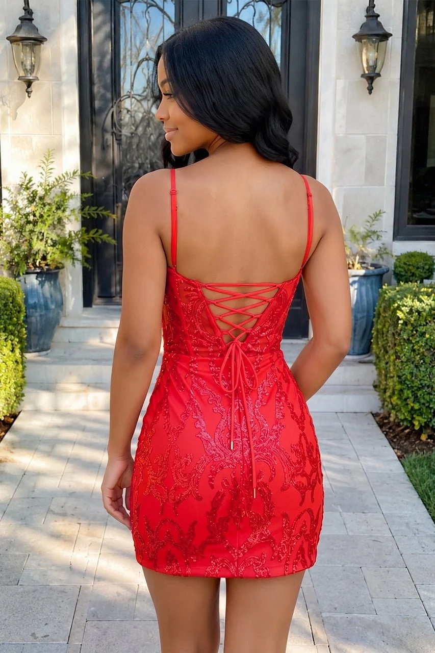 Glitter Hot Pink Fitted V-Neck Spaghetti Straps Sequined Appliques Mini Party Dresses