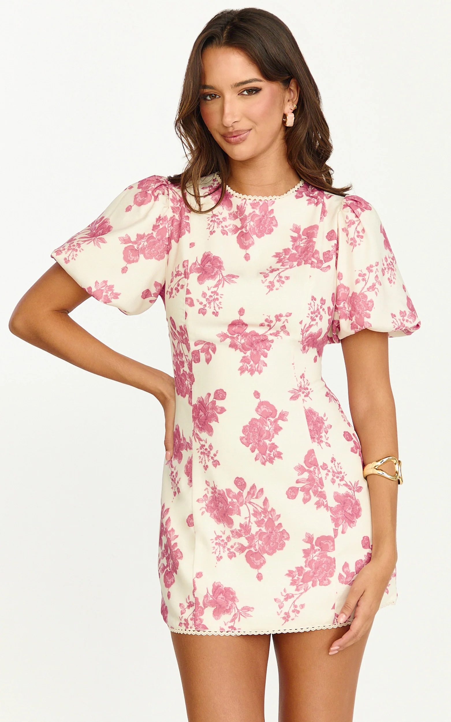 Lila Mini Dress - High Neck Puff Sleeve Lace Back Fitted Dress in Toile De Joie Print