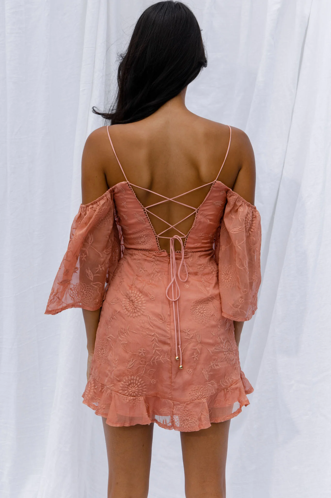 Koda Bell Sleeve Lace-Up Back Mini Dress Peach