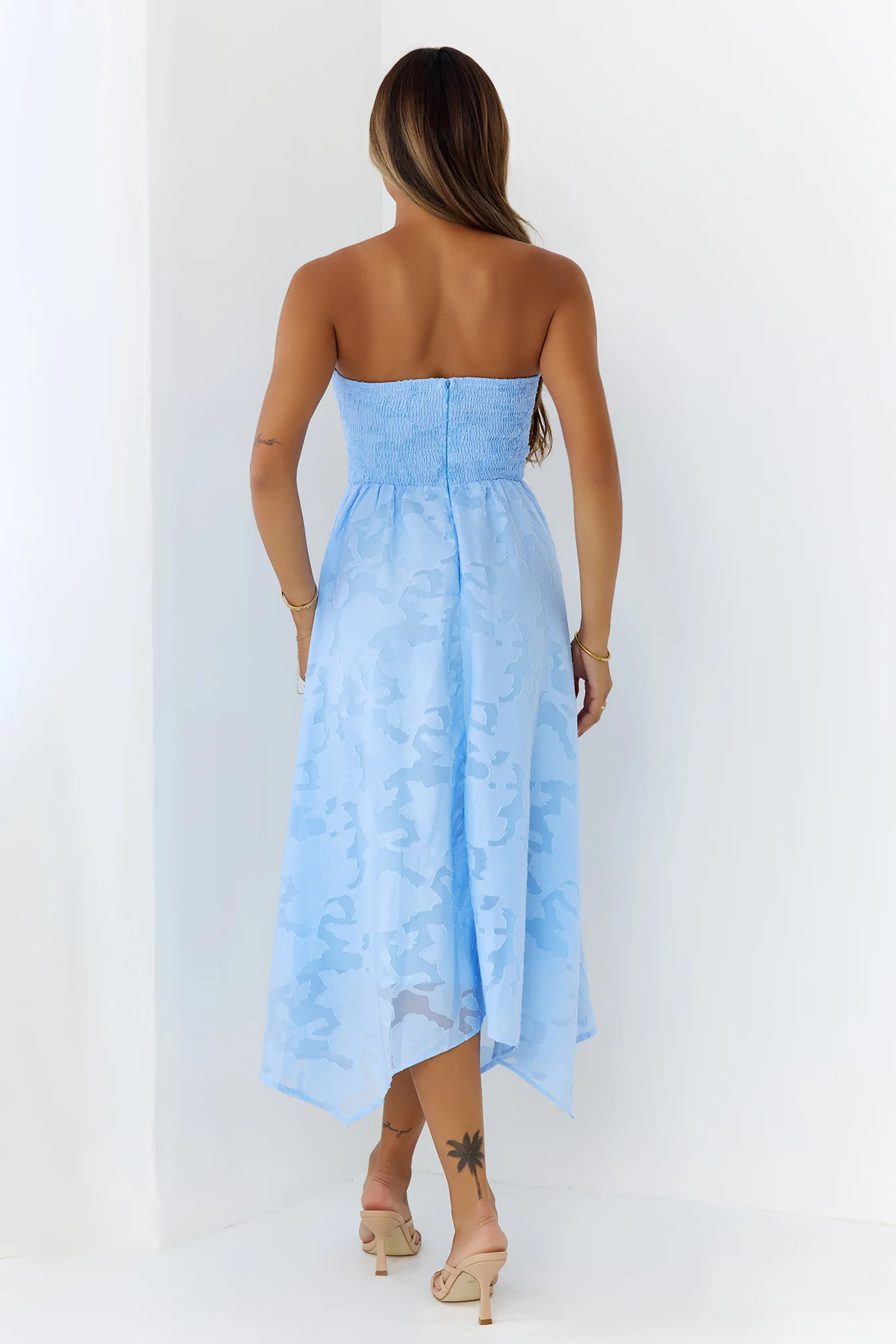 Charming Bow Textured Strapless Midi Dress Blue