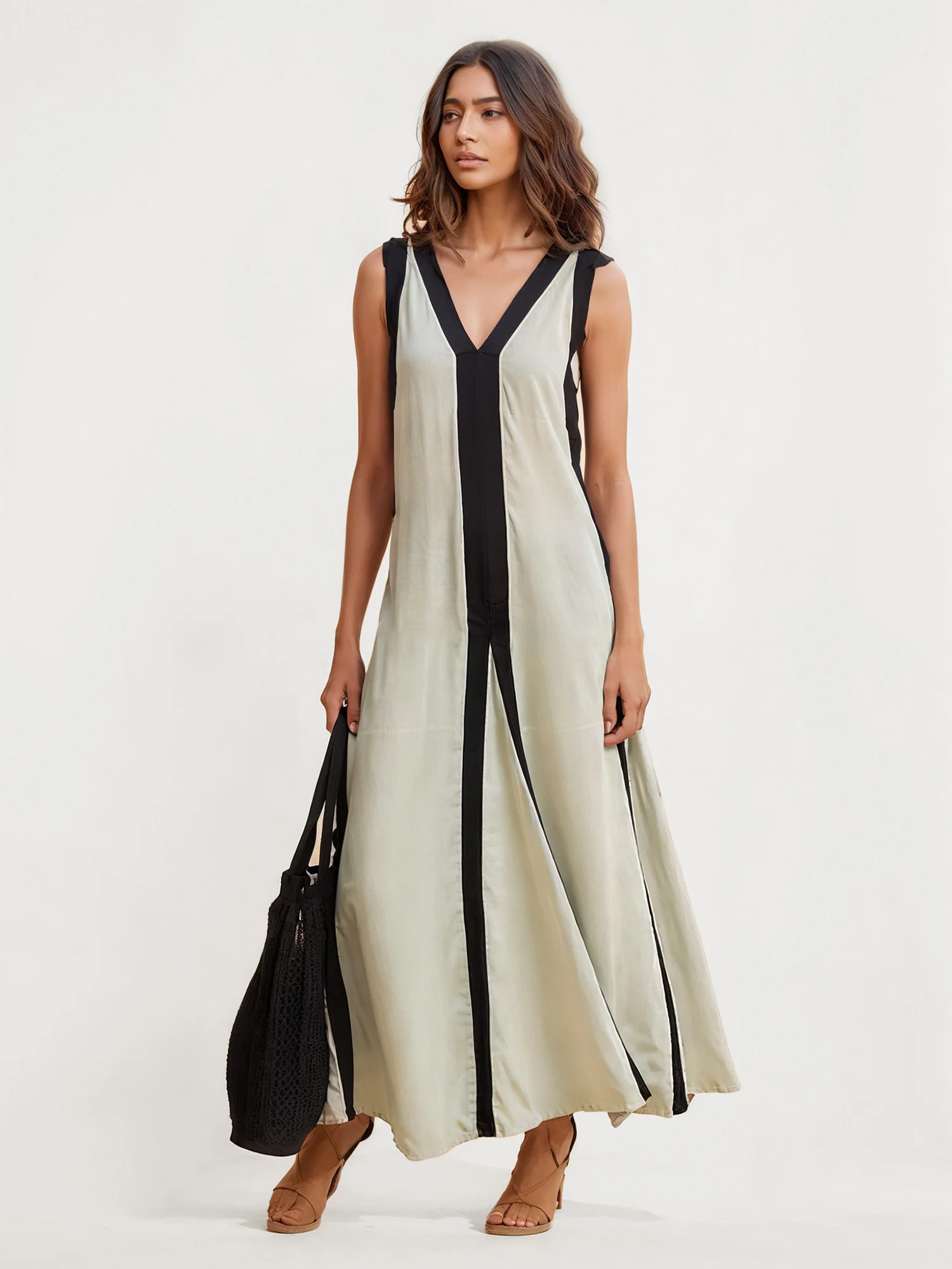 Color Block V-Neck Maxi Dress with Split