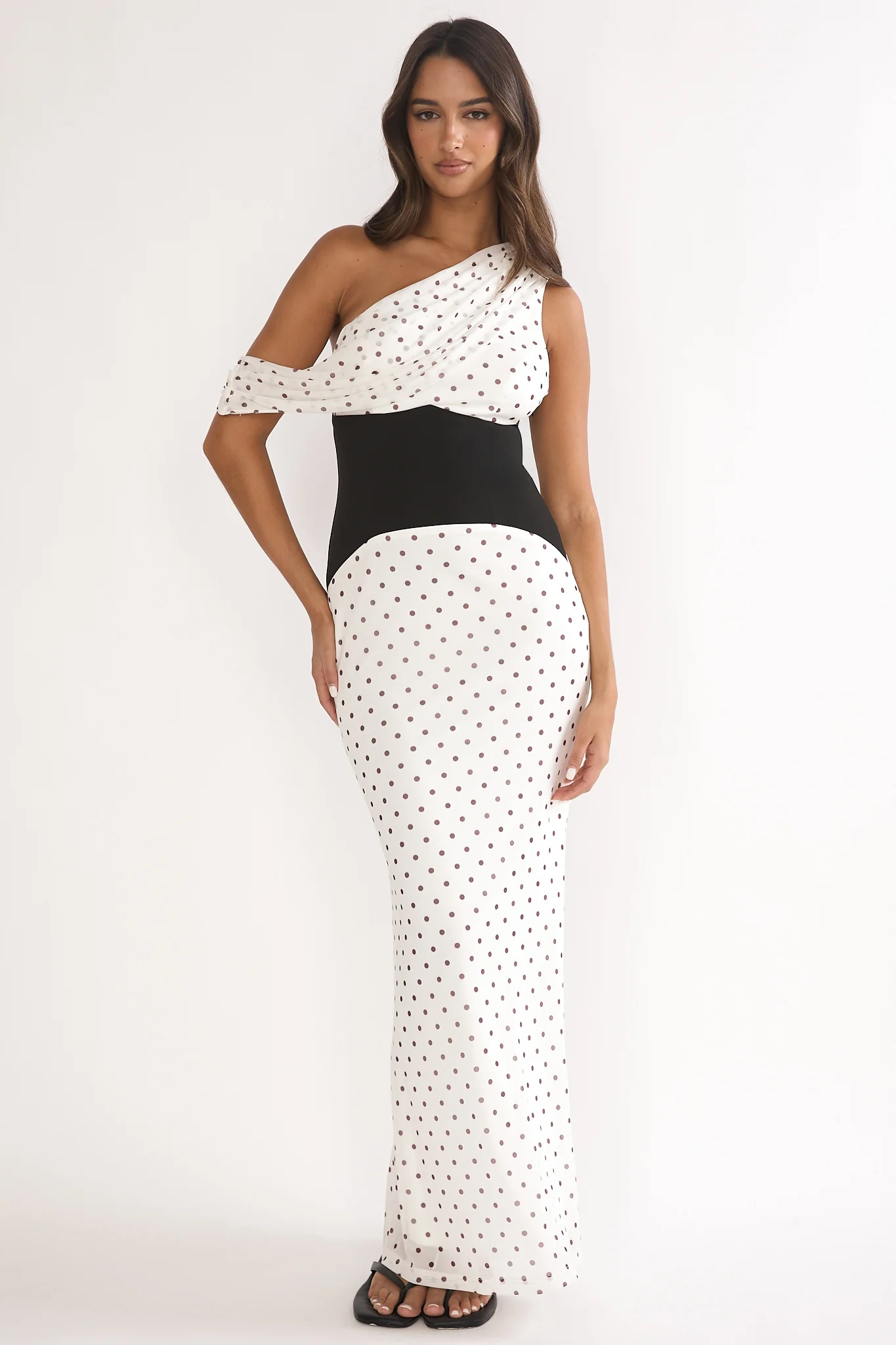Milos Asymmetric Neckline Maxi Dress Polka Dot Brown
