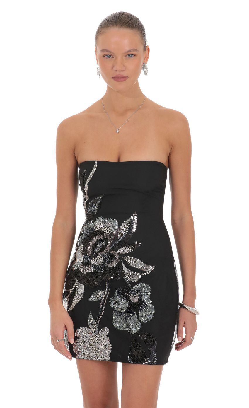 Silver Floral Sequin Mini Dress in Black
