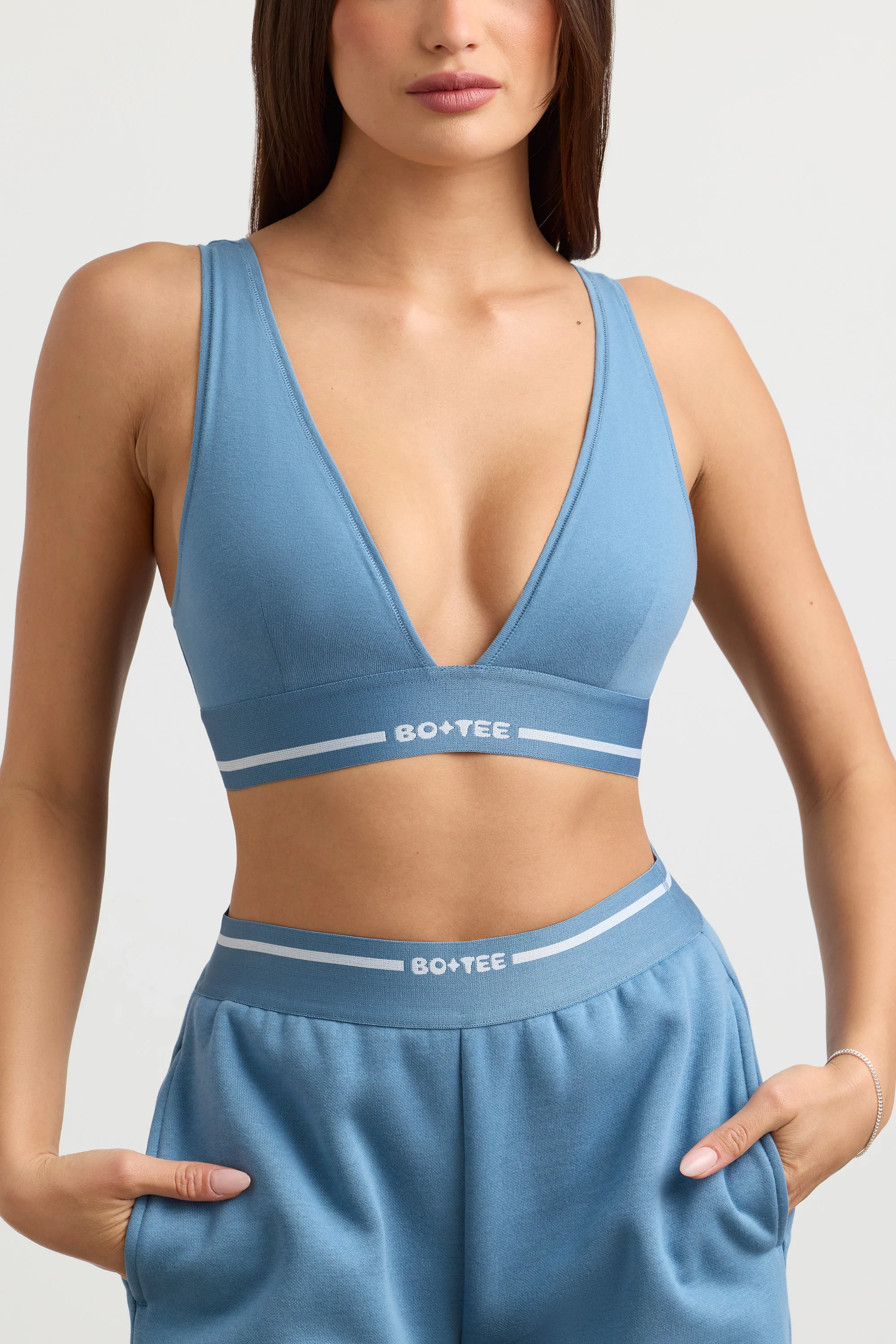 Stretch Cotton Jersey Plunge-Neck Crop Top in Steel Blue